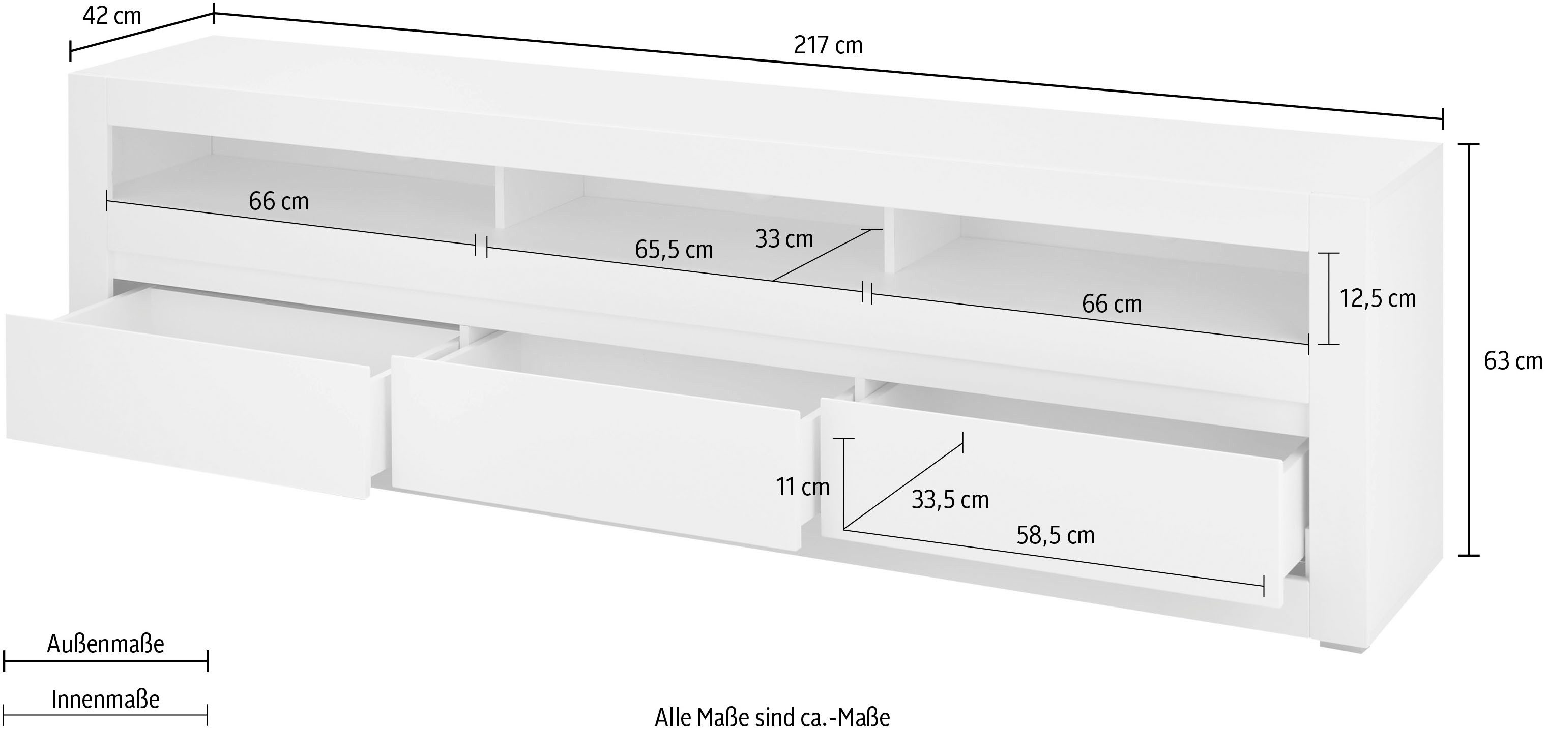 INOSIGN Tv-meubel Chester, moderne TV-kast, Ladekast met opbergruimte, Mat Wit vervangbare afdekking in grepline, tijdloos design, 217 cm breed (1 stuk)