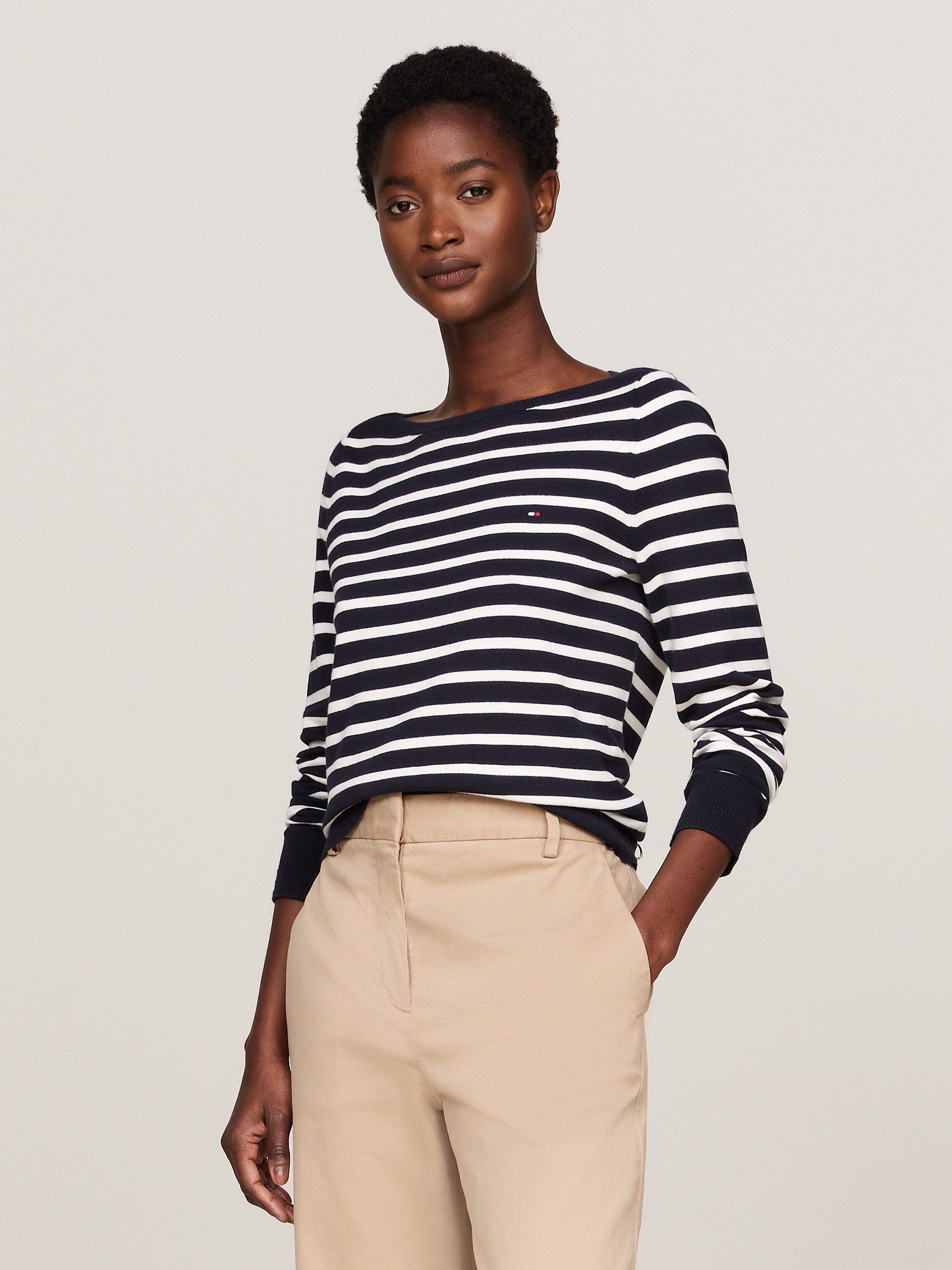Tommy Hilfiger Gebreide trui CO JERSEY STITCH BOAT-NK SWEATER met tommy hilfiger-merklabel op de mouw