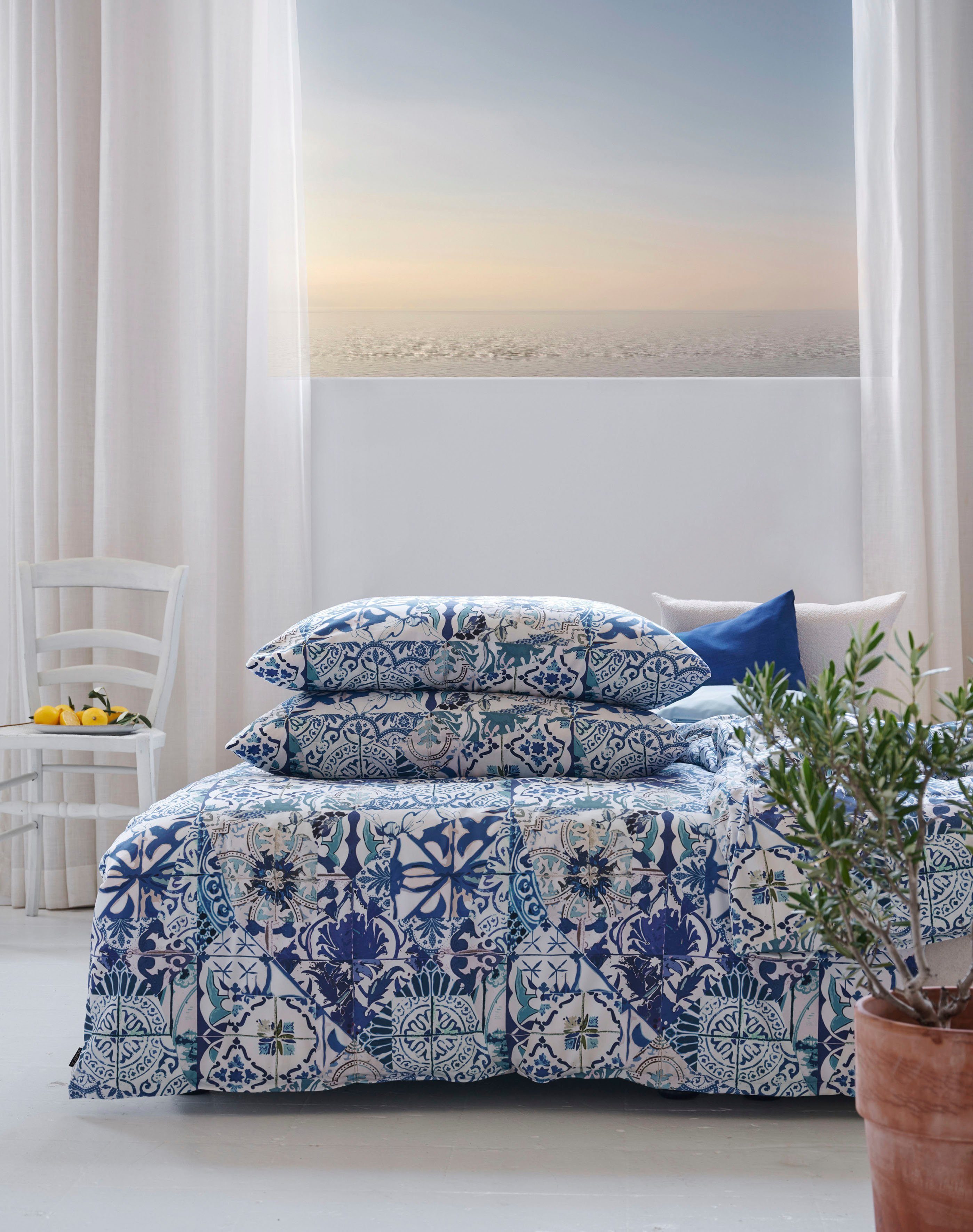 APELT Beddengoed Azzuro Handgeschilderde blauw-witte tegels in Amalfi-stijl, GOTS gecertificeerd dekbedovertrekken maat - blauw