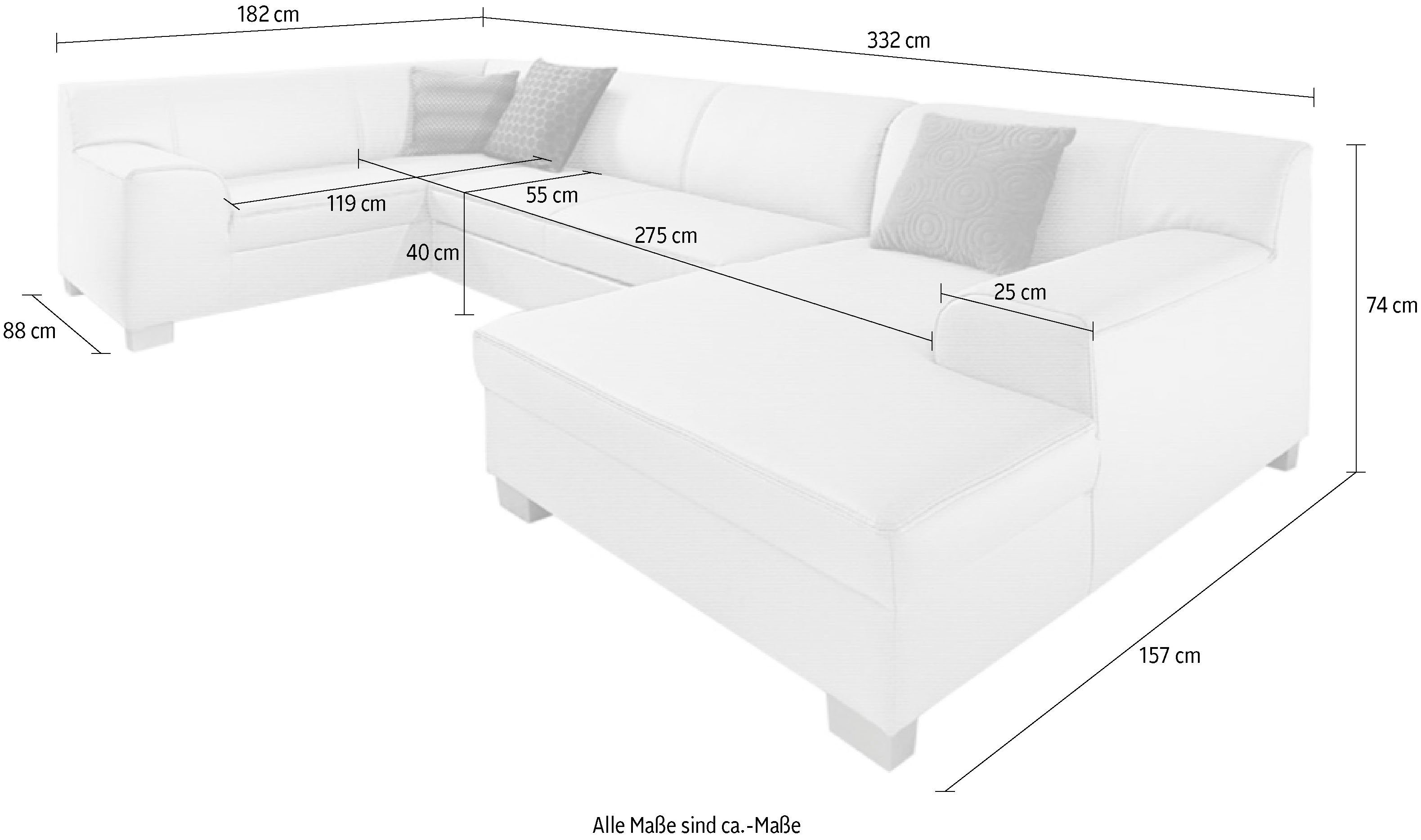 DOMO collection Zithoek Amando U-vorm naar keuze met bedfunctie, stevig zitcomfort, vrij in de ruimte te plaatsen
