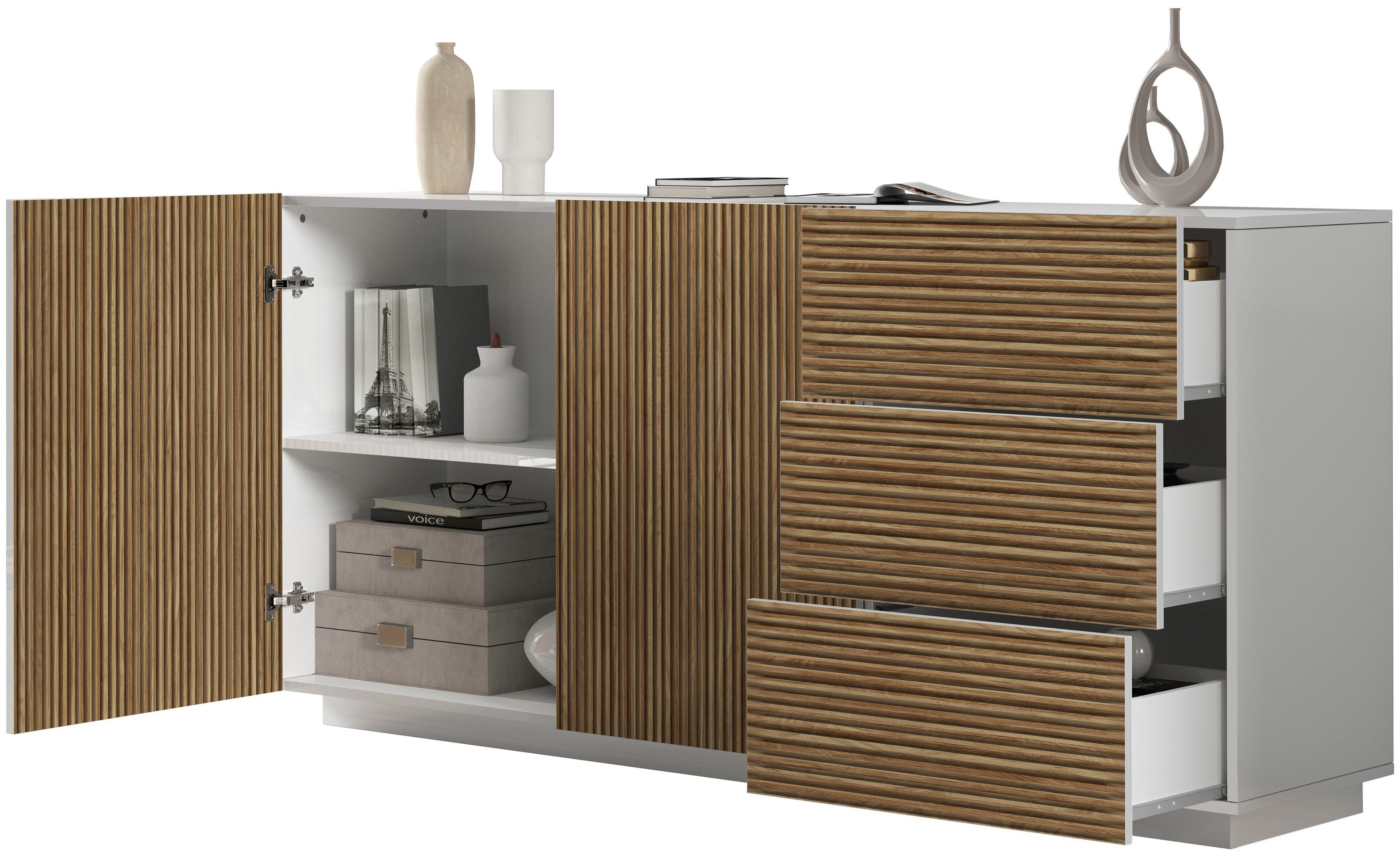 INOSIGN Dressoir Vega Sideboard, Ladekast, 180 cm met 2 deuren en 3 lades, fronten met groeflook