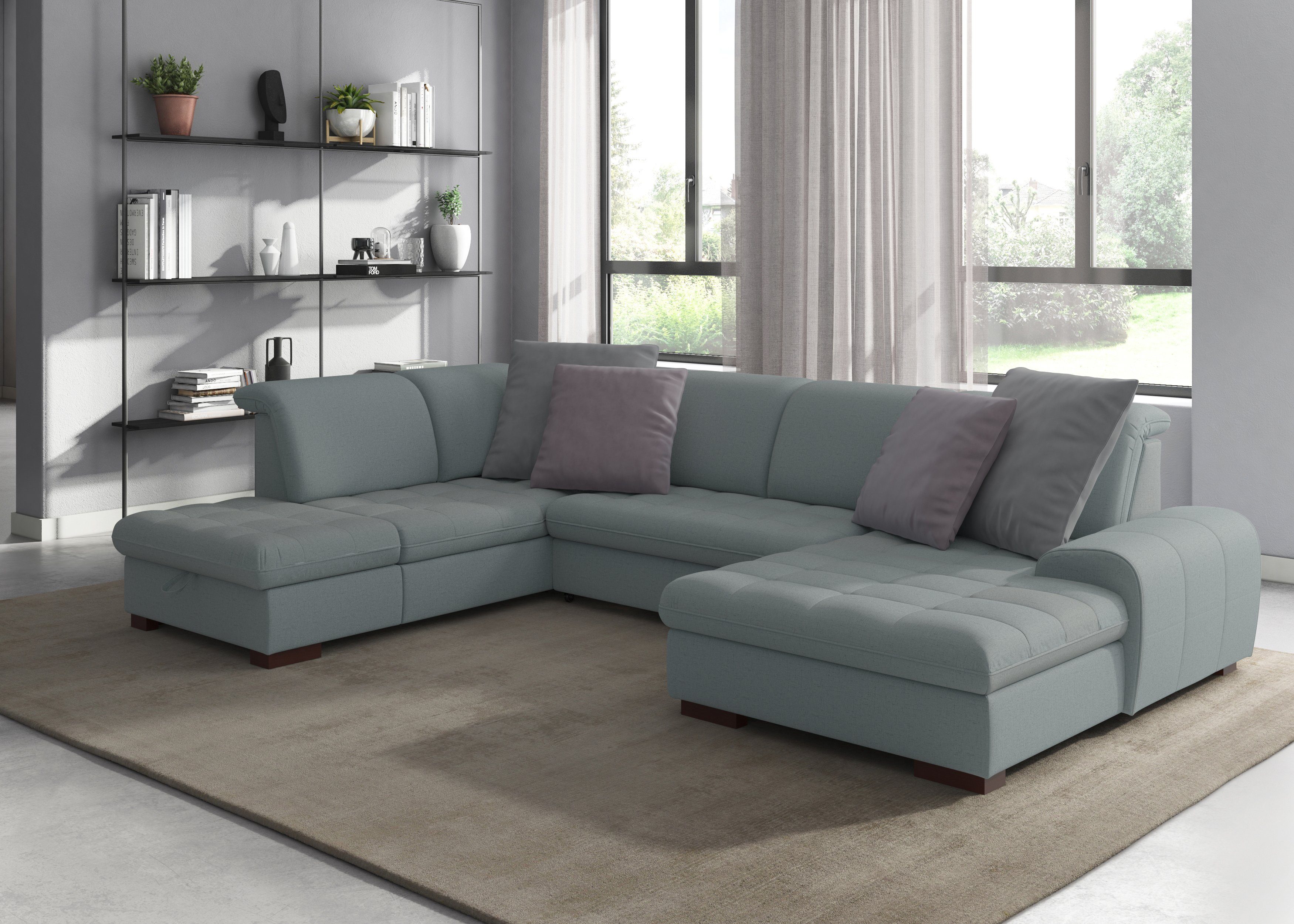 sit&more Zithoek Luxor U-vorm naar keuze met slaapfunctie, bedkist en verstelbare hoofdsteun blauw, zithoeken, Ottomane links, Met slaapfunctie, met