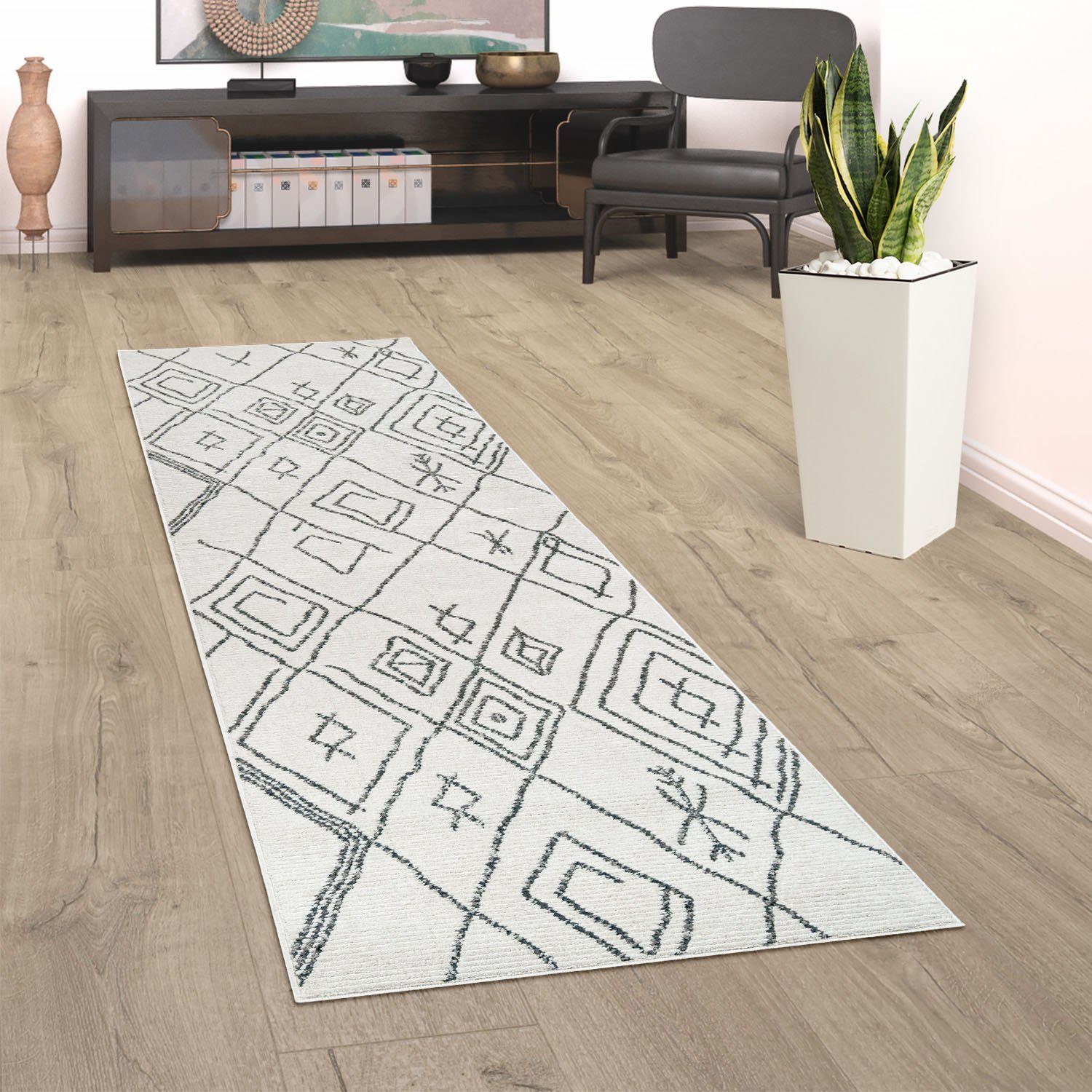 Paco Home Loper Battal 826 Tapijtloper, korte pool, Scandinavisch design, ruitmotief