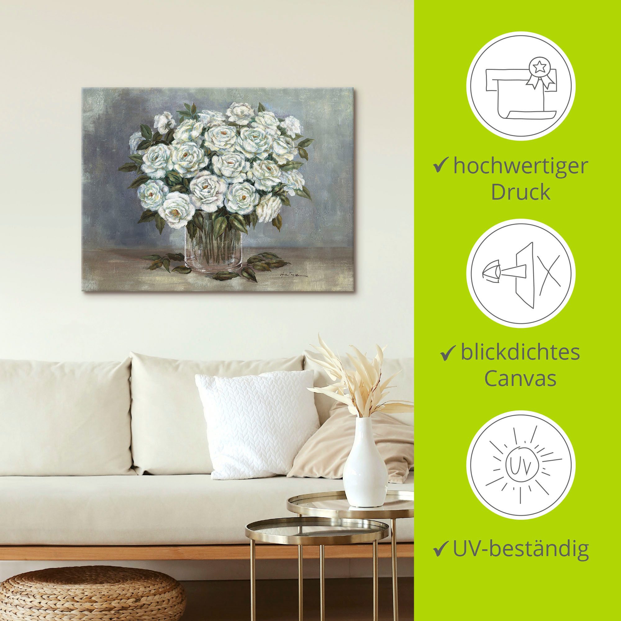 Artland Artprint Witte rozen als artprint op linnen, poster in verschillende formaten maten
