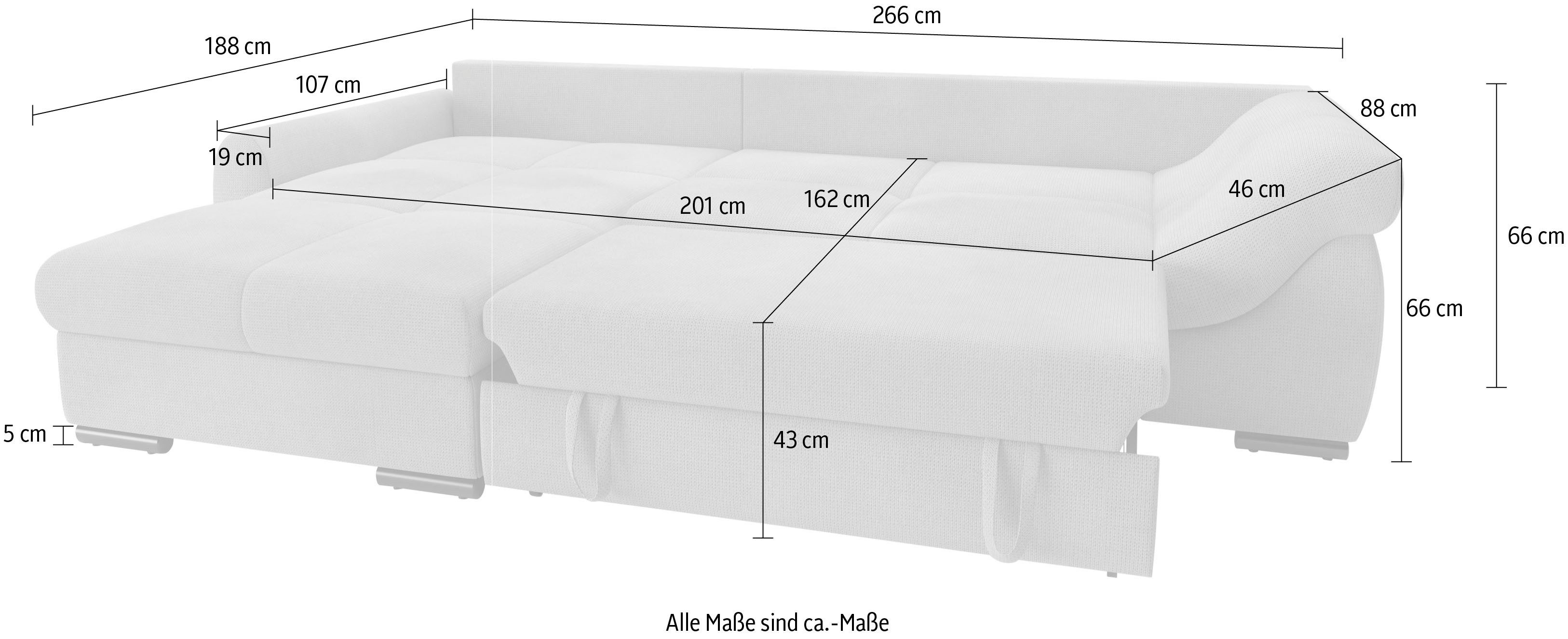 Mr. Couch Hoekbank Livorno L-vorm incl. hoogslaper beduitbreiding, xl bedbox wit gecoat