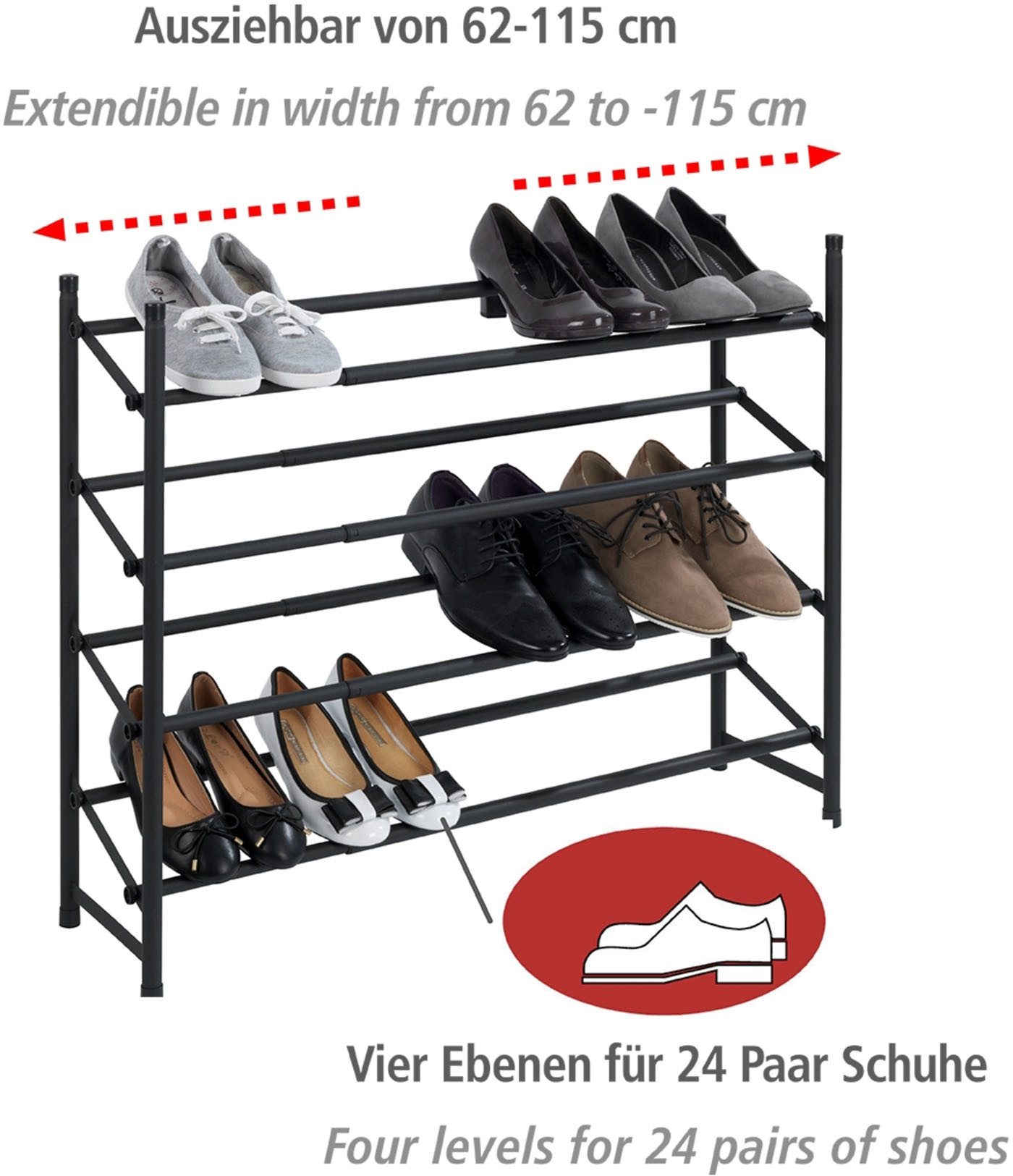 WENKO Schoenenrek Hero uitschuifbaar, 62 tot 115 cm, voor 24 paar schoenen, antislip oppervlak
