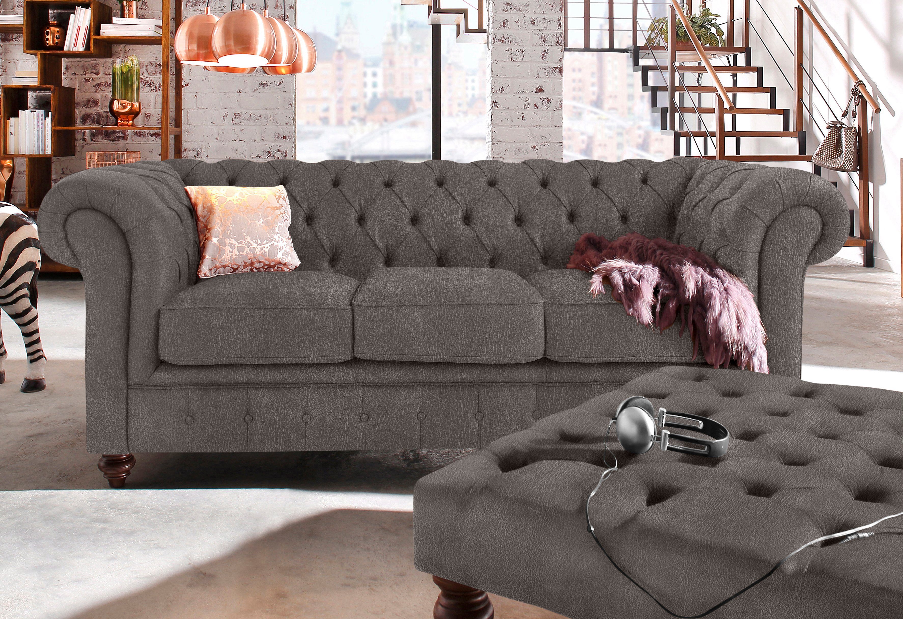 Home affaire Chesterfield-bank Chesterfield 3-zits B/D/H: 198/89/74 cm met hoogwaardige knoopdetails, ook in leer