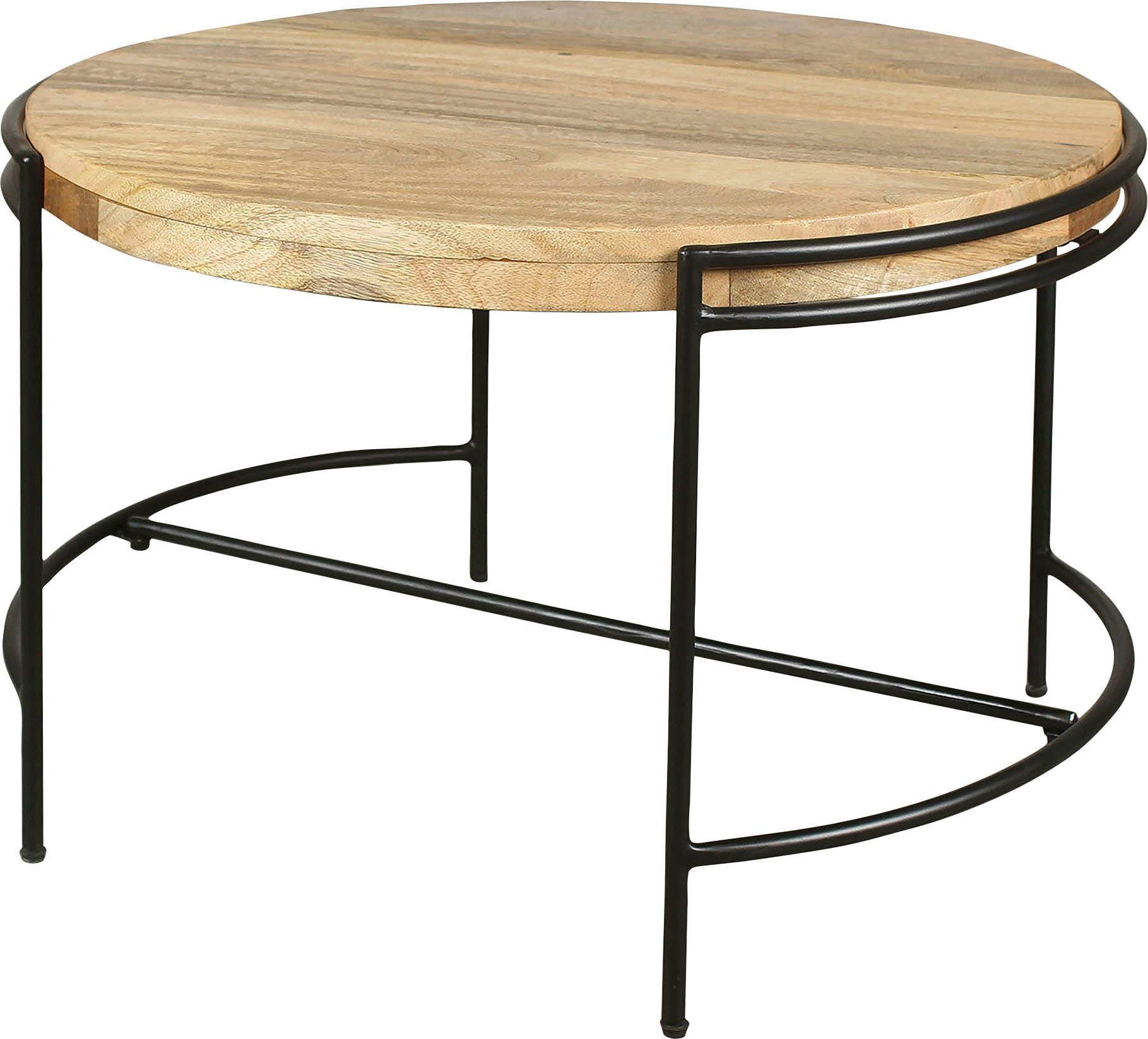 byLIVING Salontafel Hanna massief mango tafelblad 35 mm en zwarte metalen poten, rond 60 cm salontafels bruin