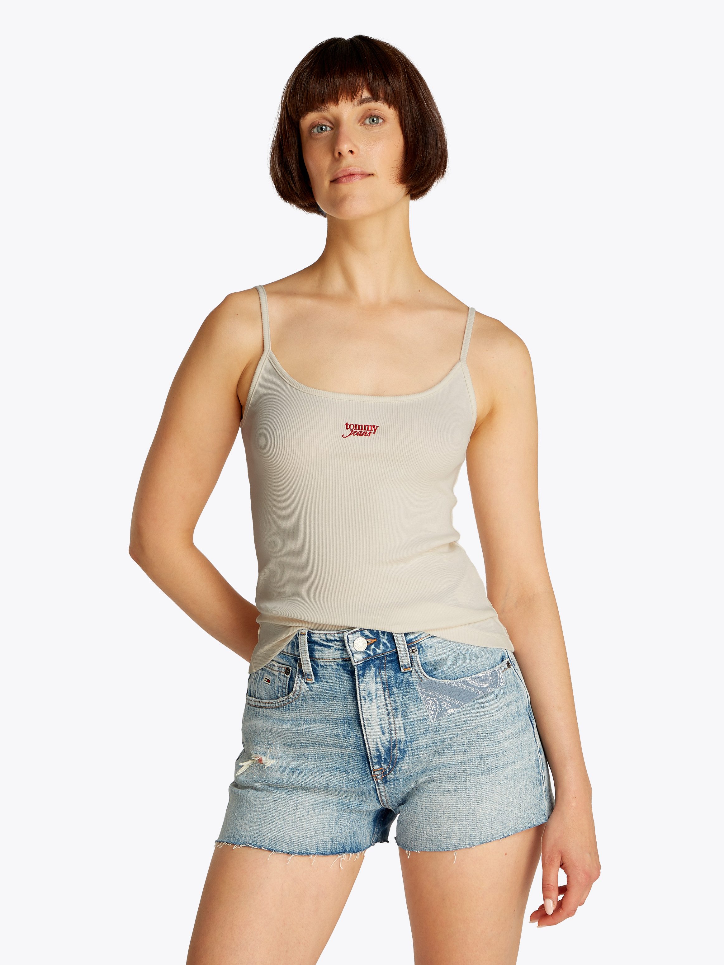 TOMMY JEANS Top met spaghettibandjes TJW SCRIPT STRAPPY TOP in riblook, met logo-opdruk