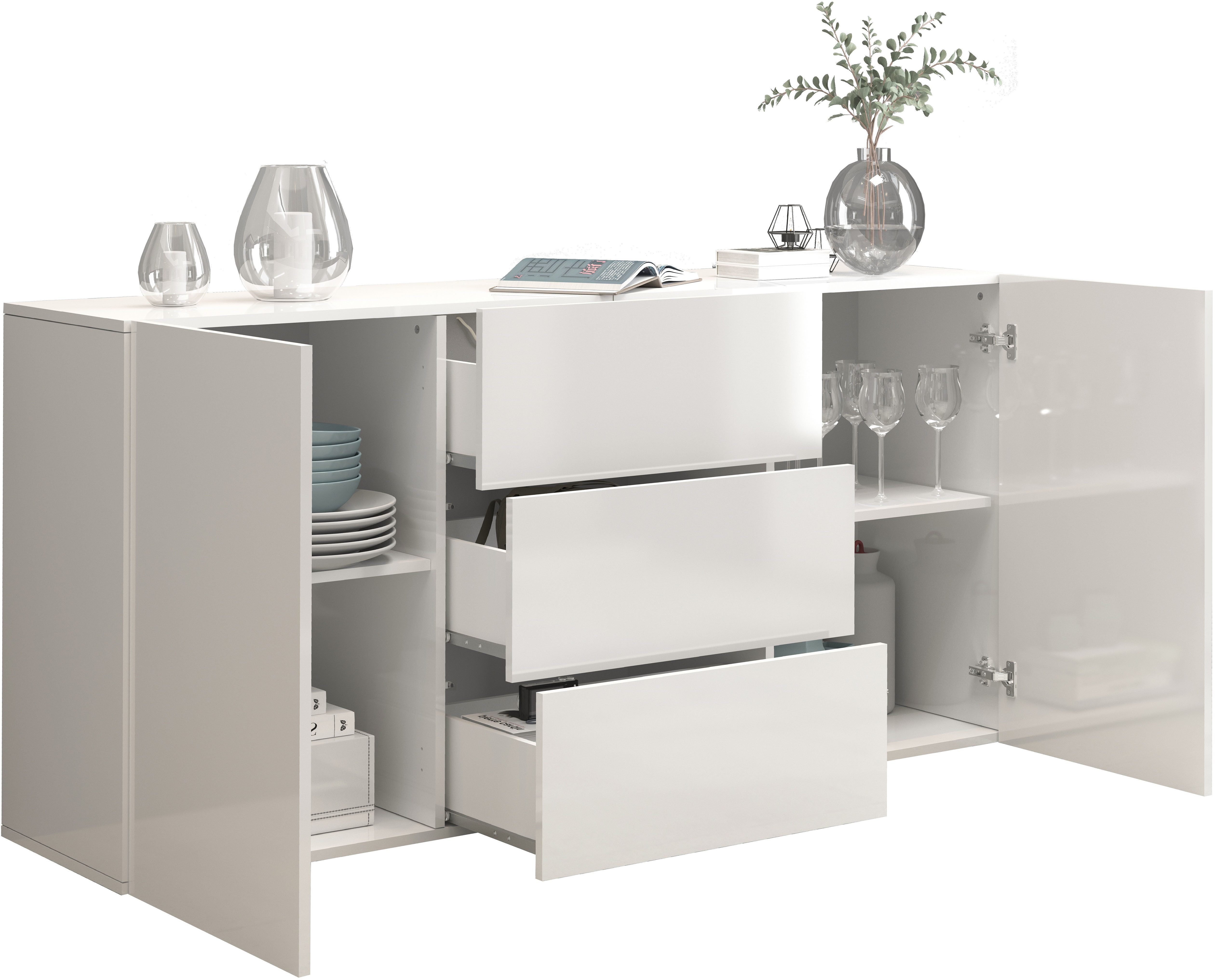 INOSIGN Dressoir Egypt, Ladekast, Kast, Buffet, greeploos 2 deuren, 3 lades, volledig hoogglans gelakt breedte 160