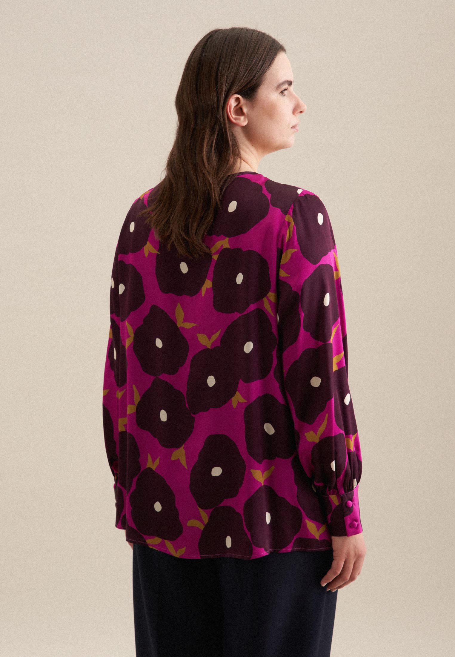 seidensticker Shirtblouse Zwarte roos Lange mouwen ronde hals print