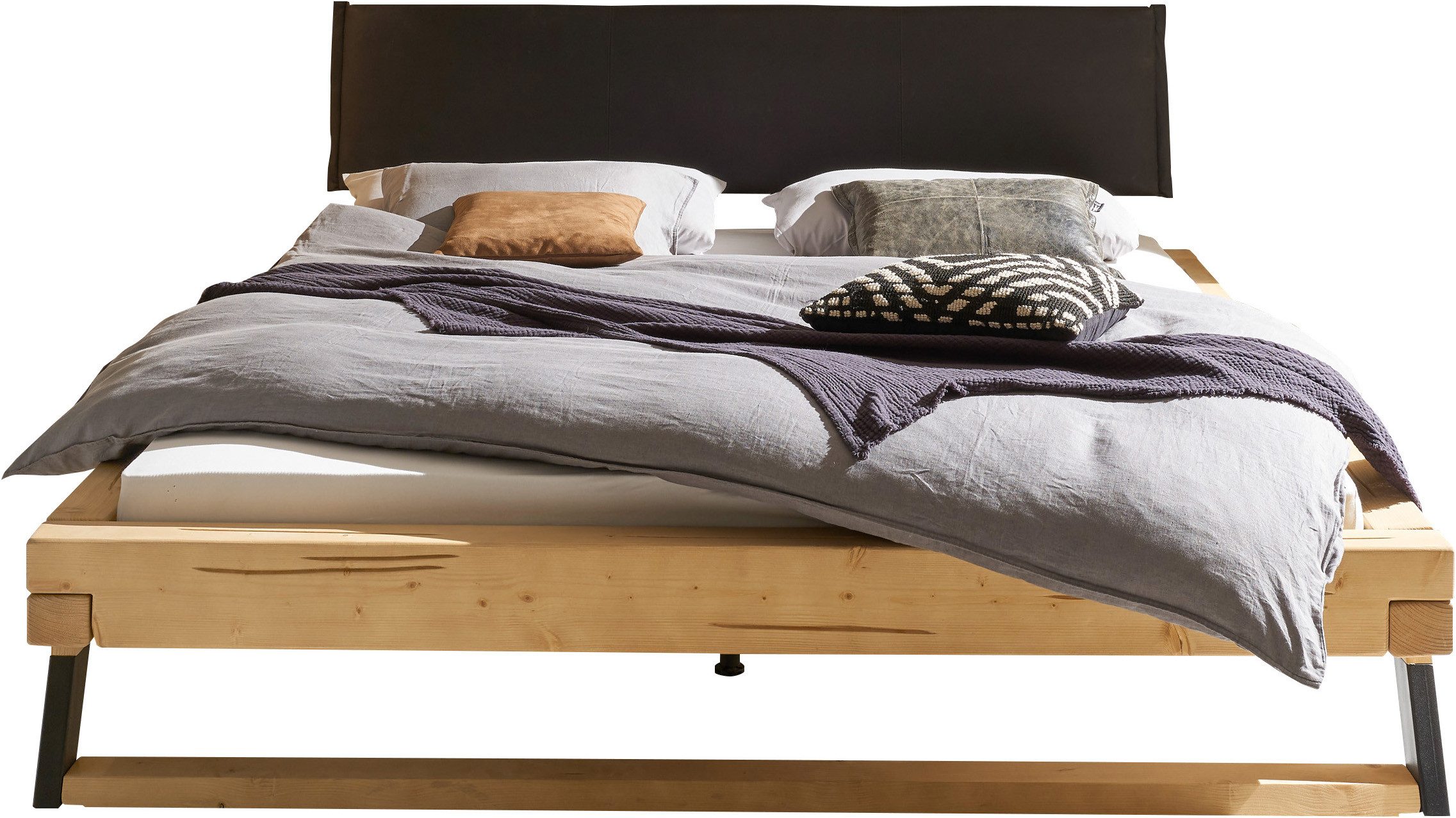 Schlafkontor Bedframe Lobia massief houten bed, gestoffeerde hoofdeinde 180x200 cm, tweepersoonsbed in natuurlijk vurenhout