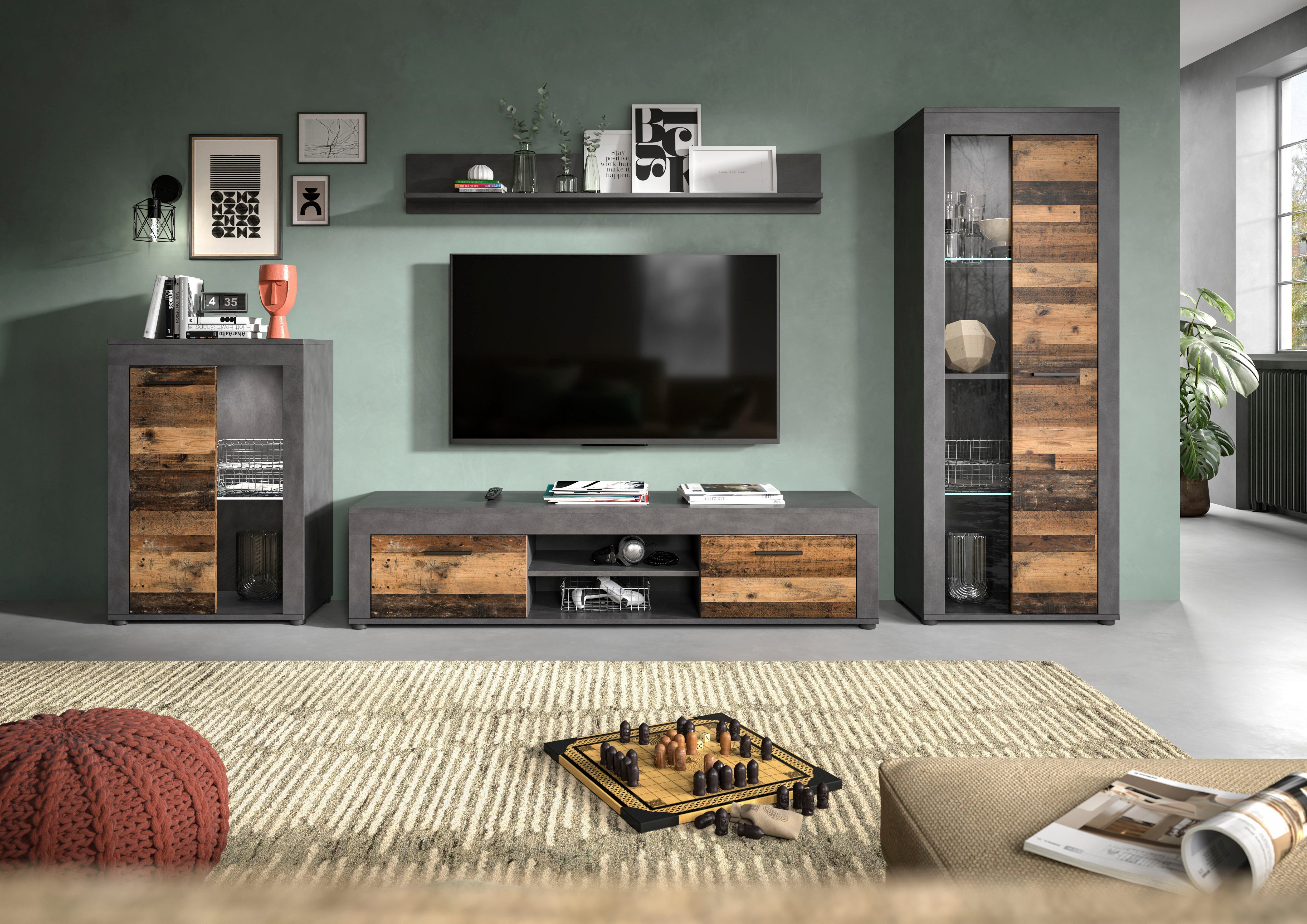 INOSIGN Wandmeubel Aosta, 4-delig, bestaande uit: vitrinekast, lowboard, wandplank & hoge vitrinekast (4 stuks)
