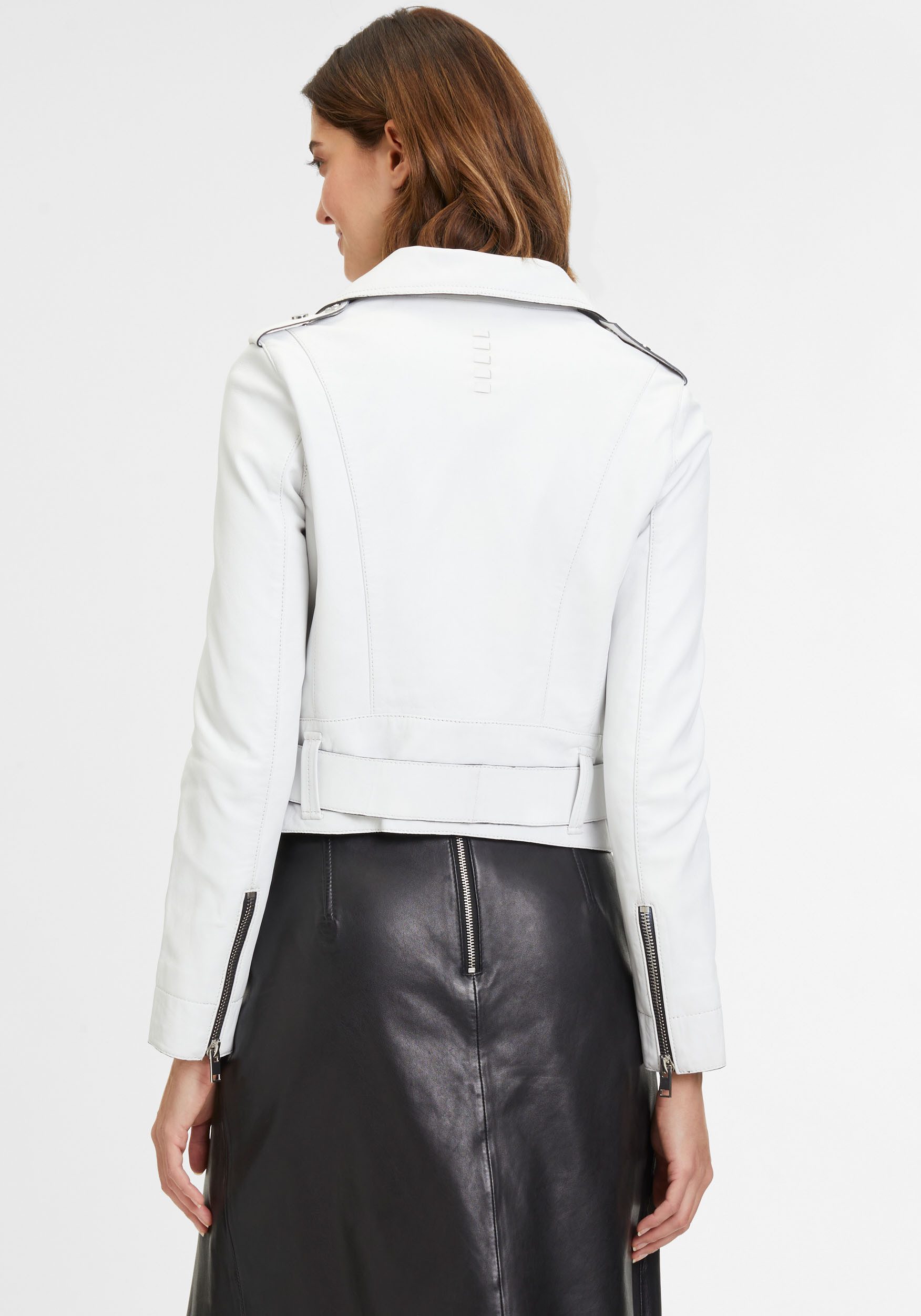 Mauritius Leren jack G2WCelin SF met asymmetrische rits, riem, ritssluiting details