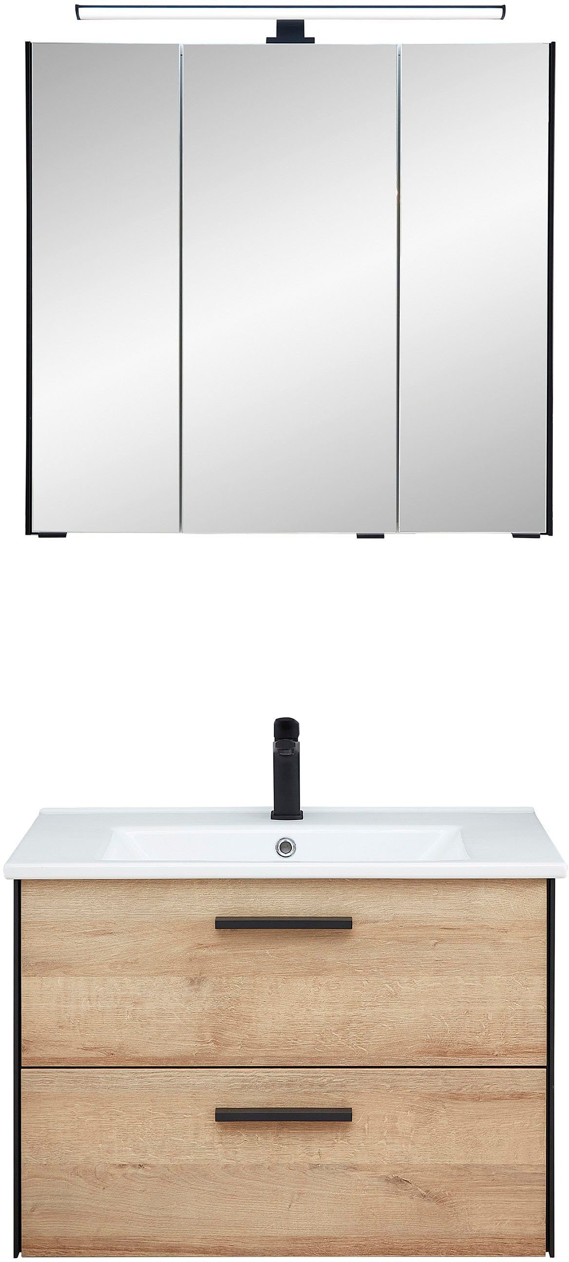 Saphir Badkamerserie Quickset 395 2-delig, keramieken wastafelonderkast met led-spiegelkast (2-delig) badmeubelsets beige