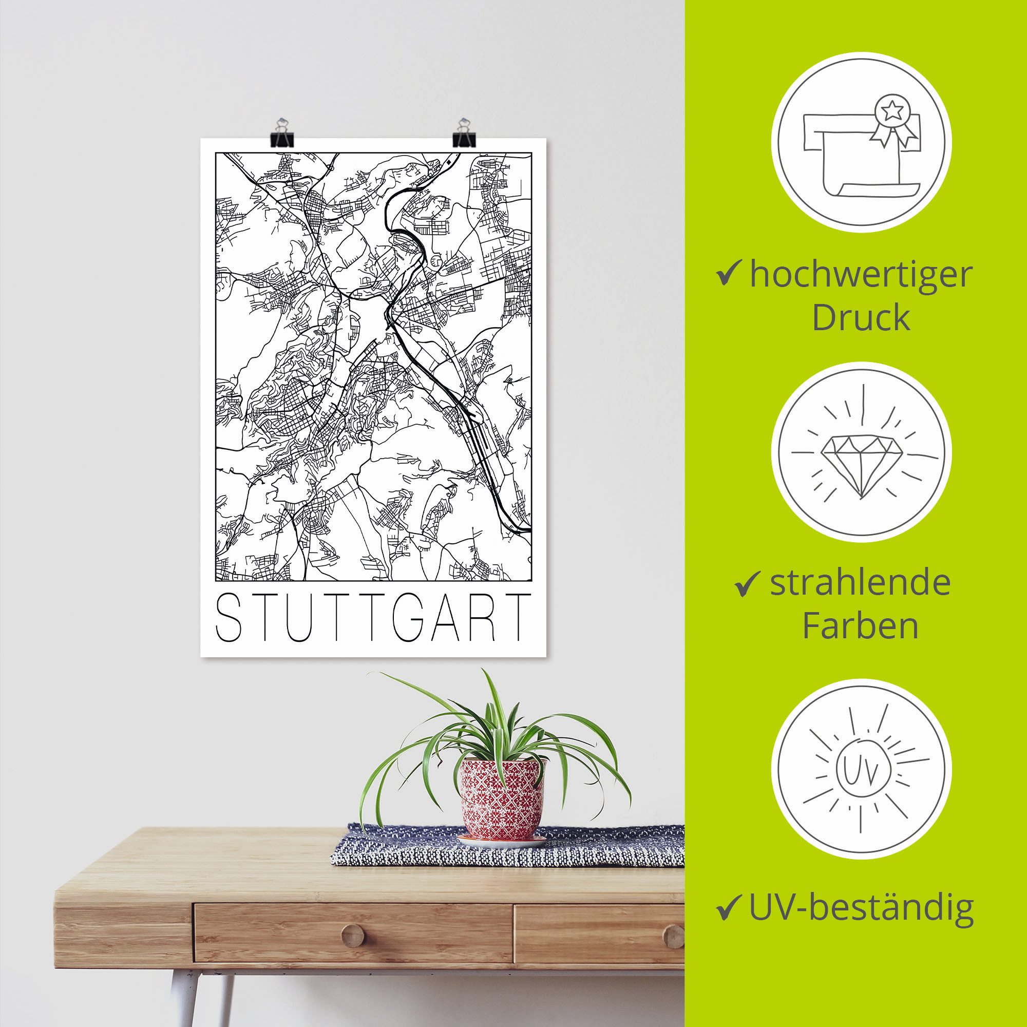 Artland Poster Retro kaart Stuttgart Duitsland als artprint van aluminium, artprint op linnen, muursticker of poster in verschillende maten