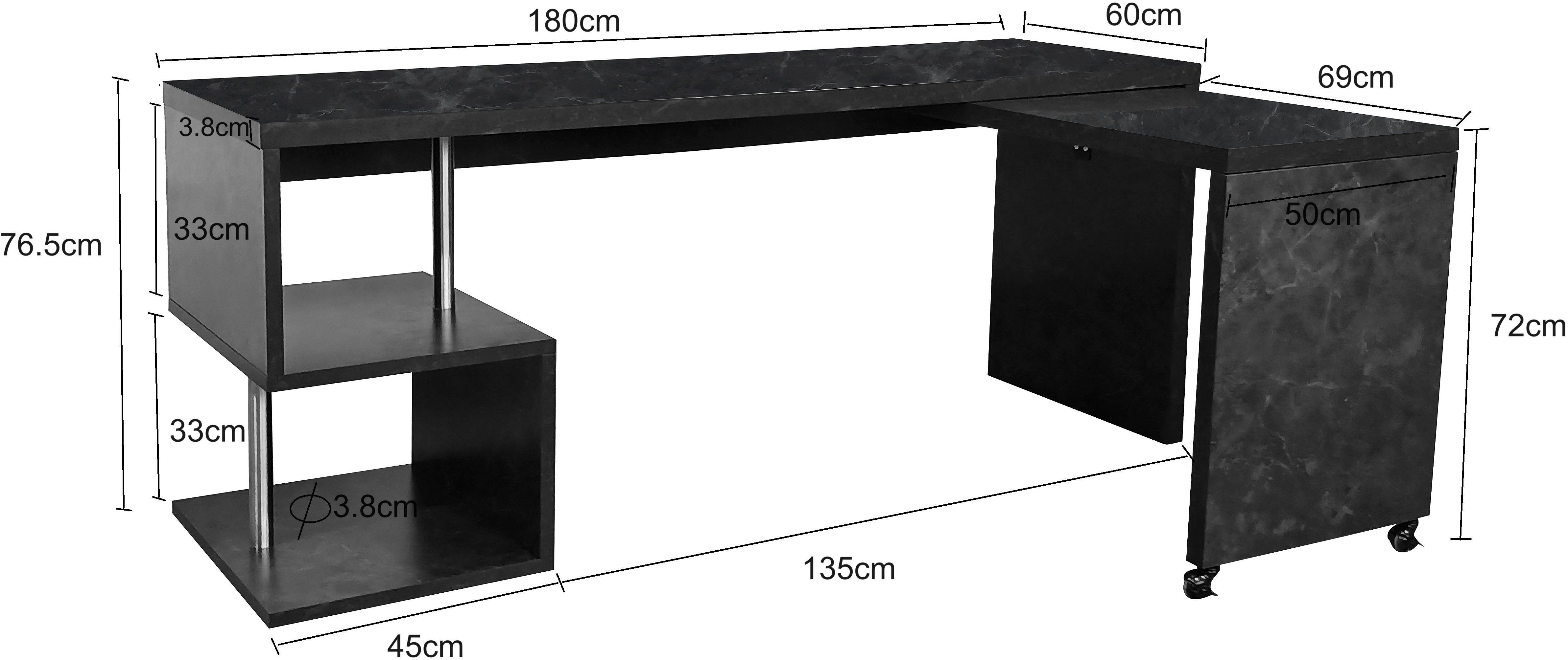 Places of Style Bureau Lopar, hoekbureau , rolbaar tafel-element, ruime werkruimte, hoek 180x129 cm