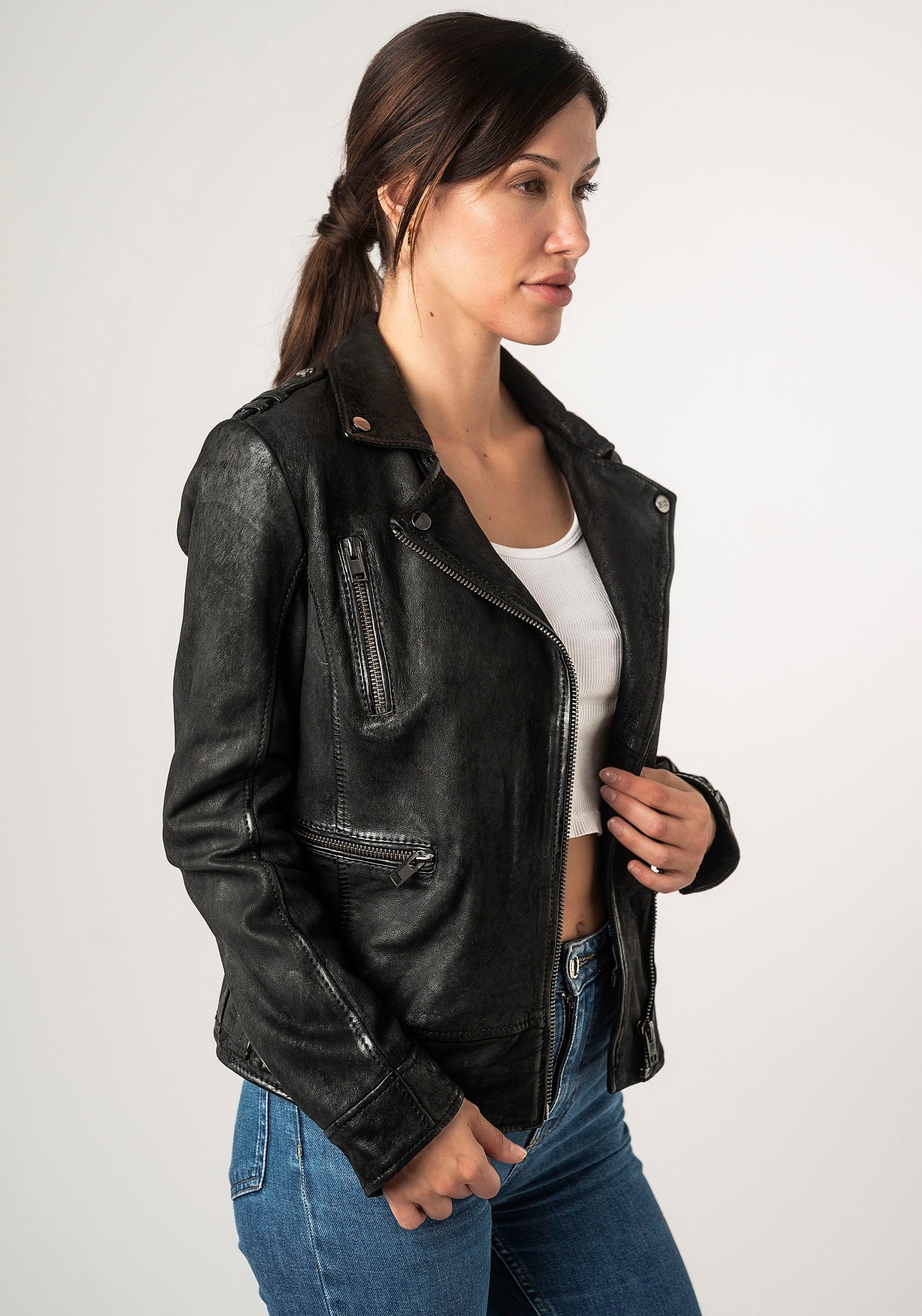 Mauritius Leren jack 2Wtashi met schouderflappen, met studs, met ritszakken