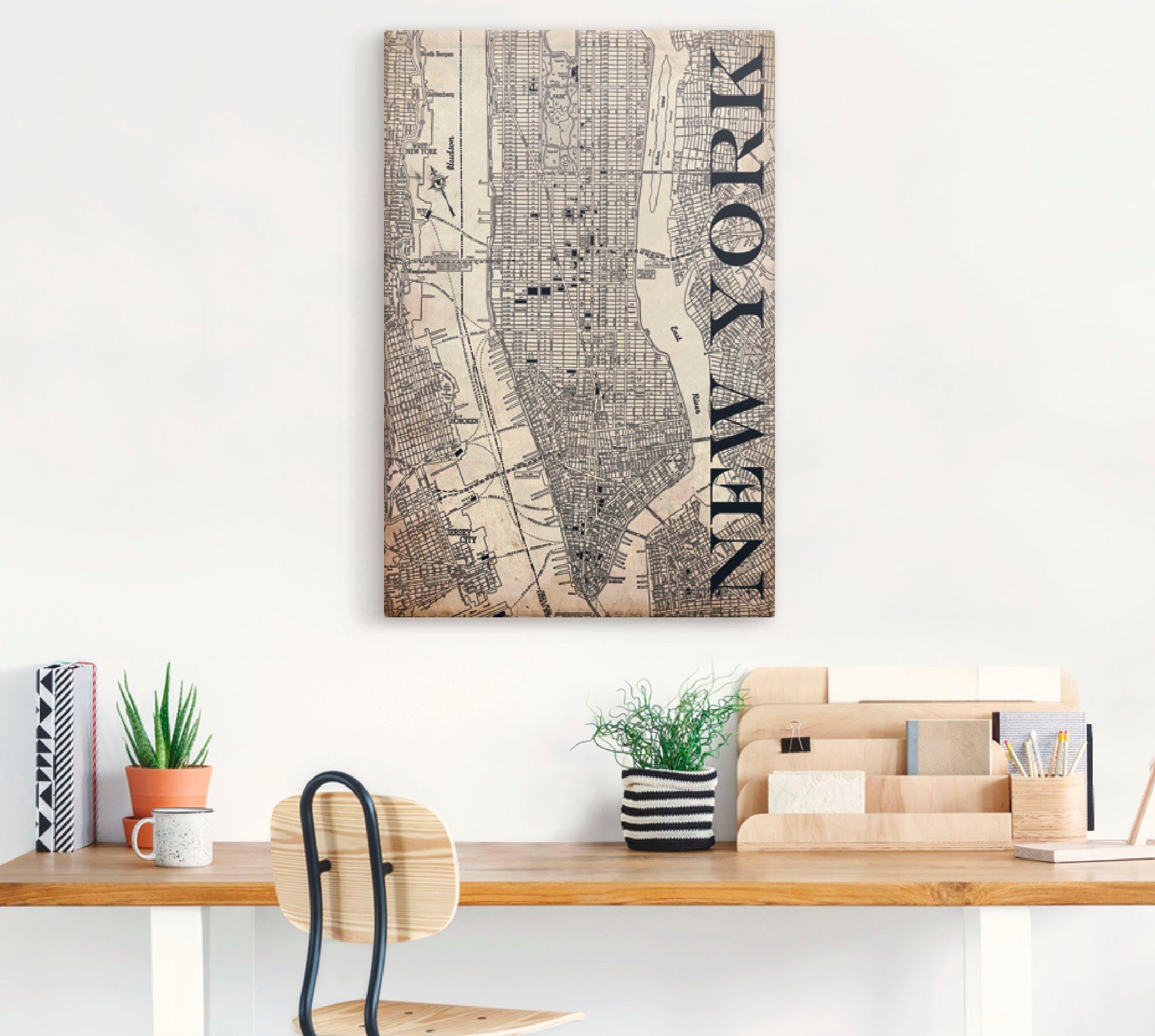 Artland Artprint New York kaart straten kaart Grunge als artprint op linnen, poster in verschillende formaten maten