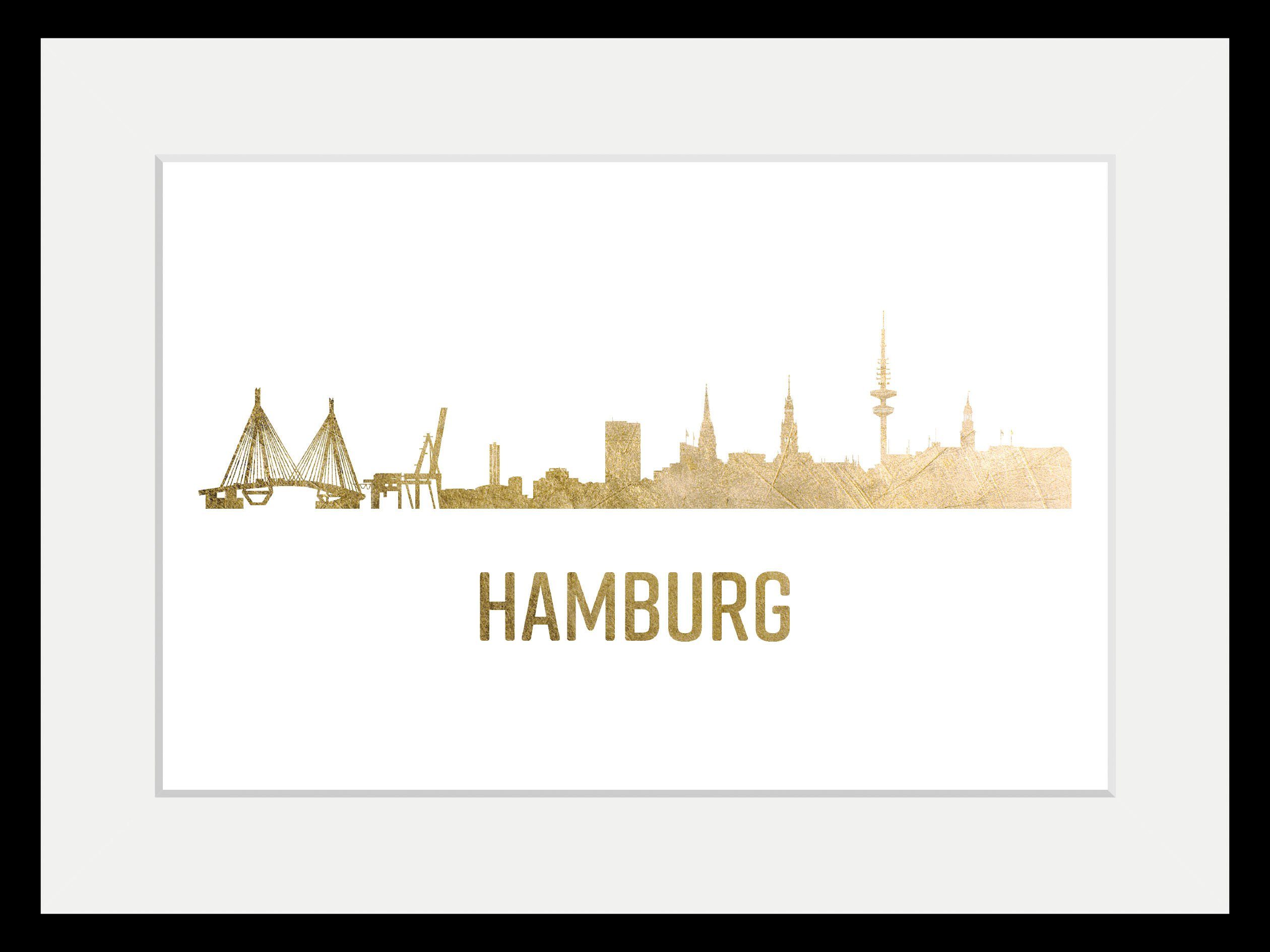 queence Wanddecoratie Hamburg Skyline goudkleur HD premium posterdruk incl. houten lijst (1 stuk)