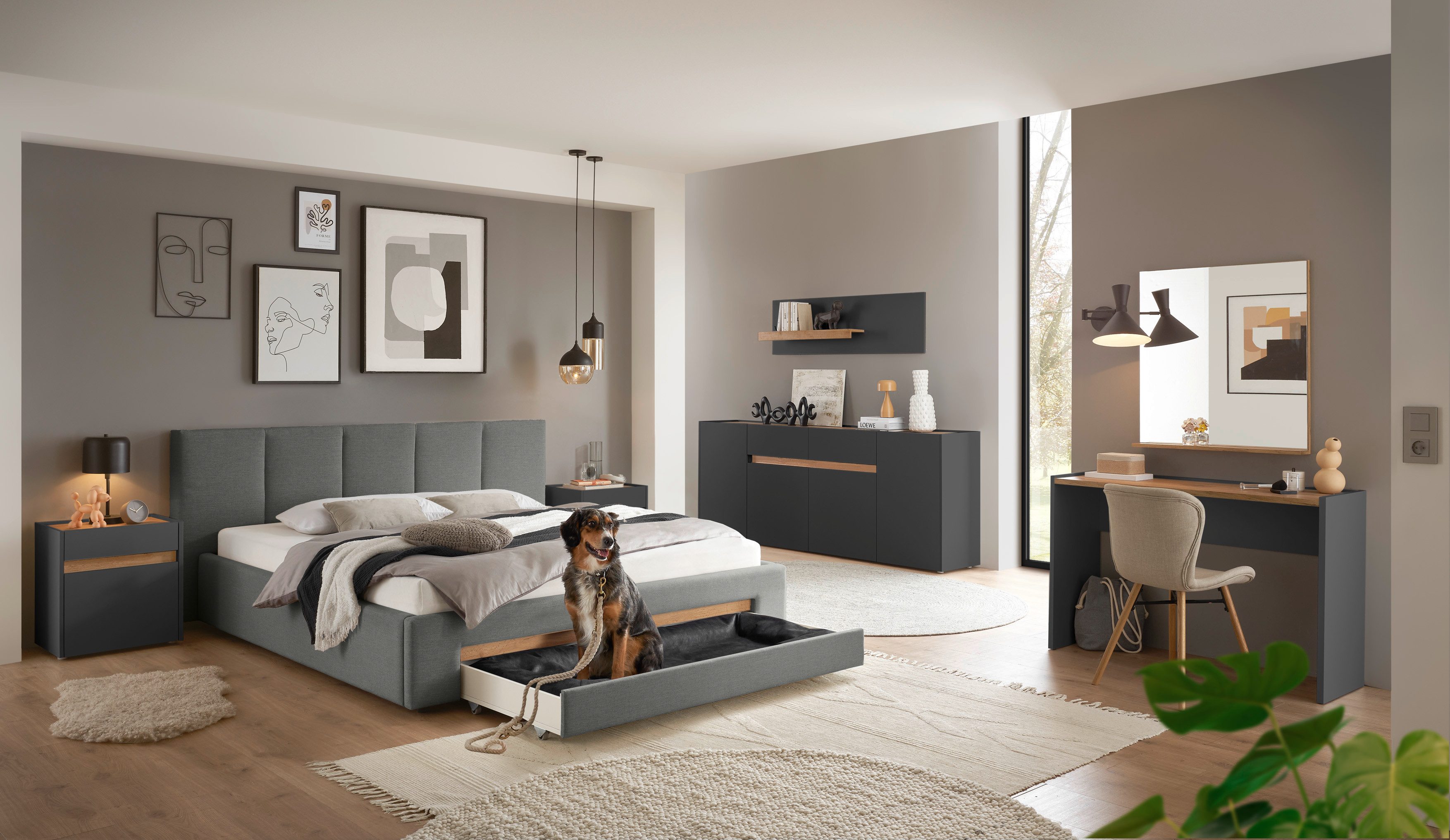 INOSIGN Gestoffeerd bed CiTY/GiRON, bedframe met bedlade, gestoffeerd opbergbed met hondenbed of opberglade, bekleding van corduroy of linnenlook