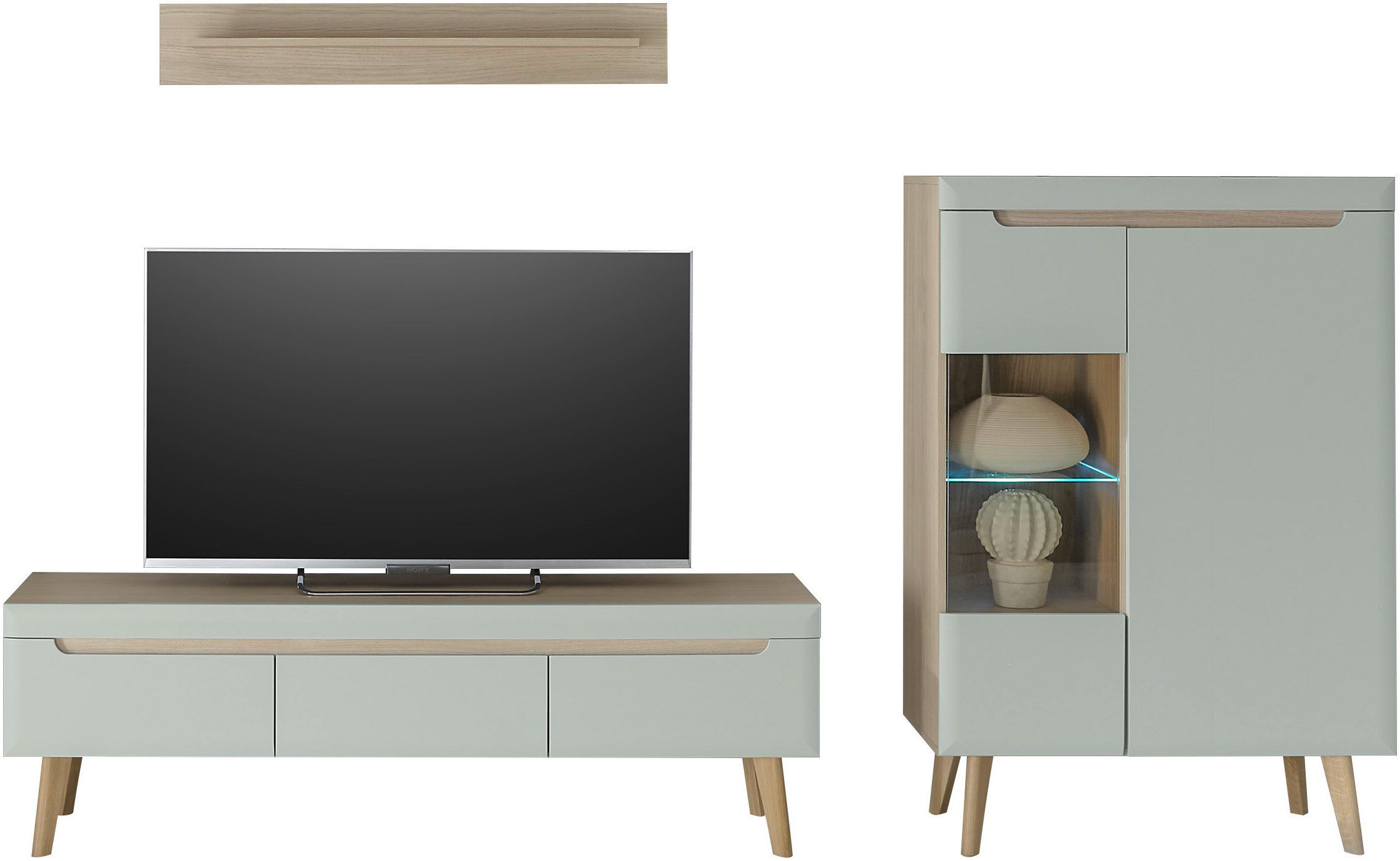INOSIGN Wandmeubel Torge, wandmeubel, kastwand, mediawand, woonkamer-set bevat 1 vitrine, 1 lowboard + 1 wandplank, 270 cm breed (set, 3-delig)