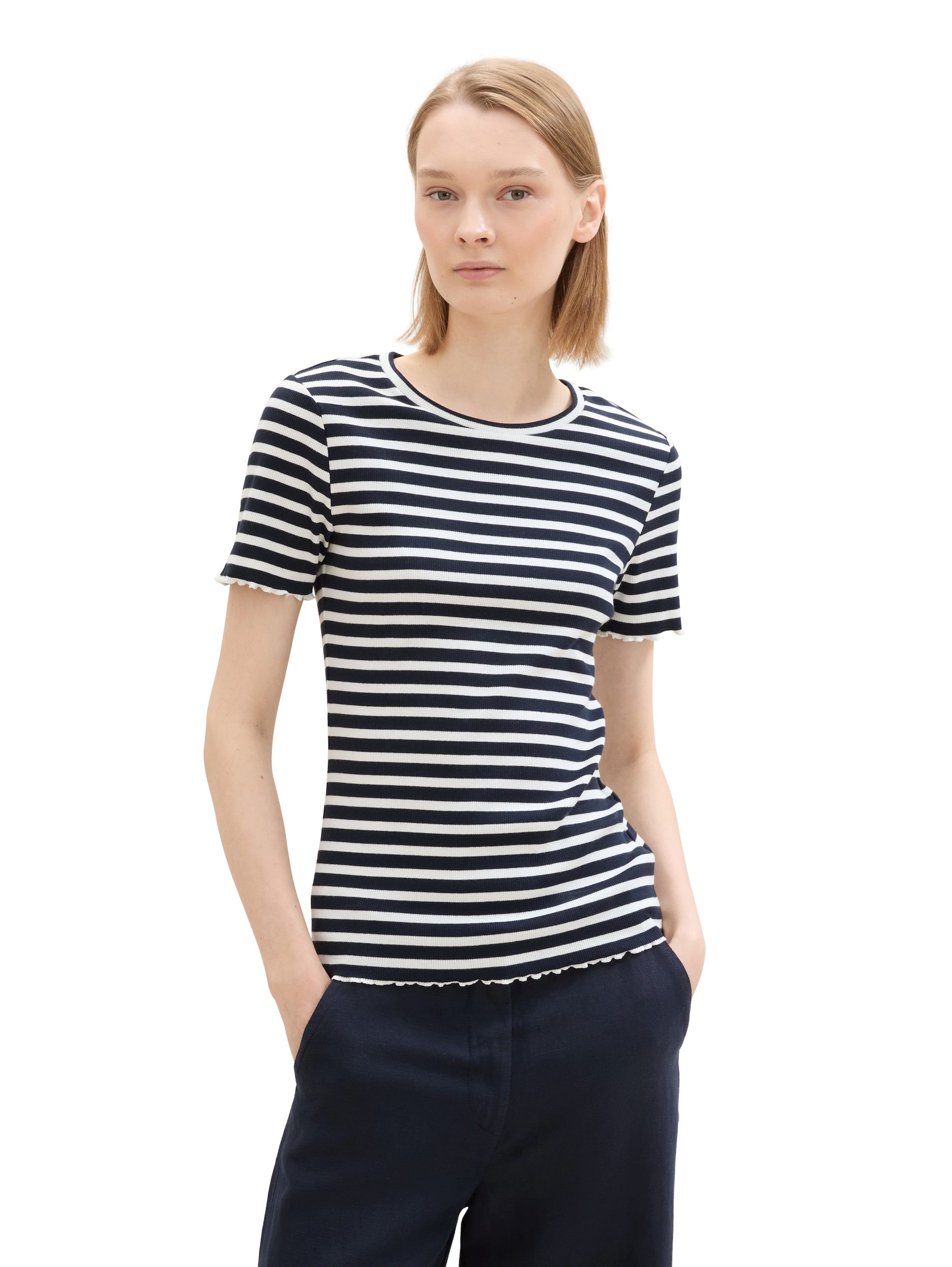 Tom Tailor Denim T-shirt in duo-pack met ribstructuur en gekrulde randen (set, 2-delig)