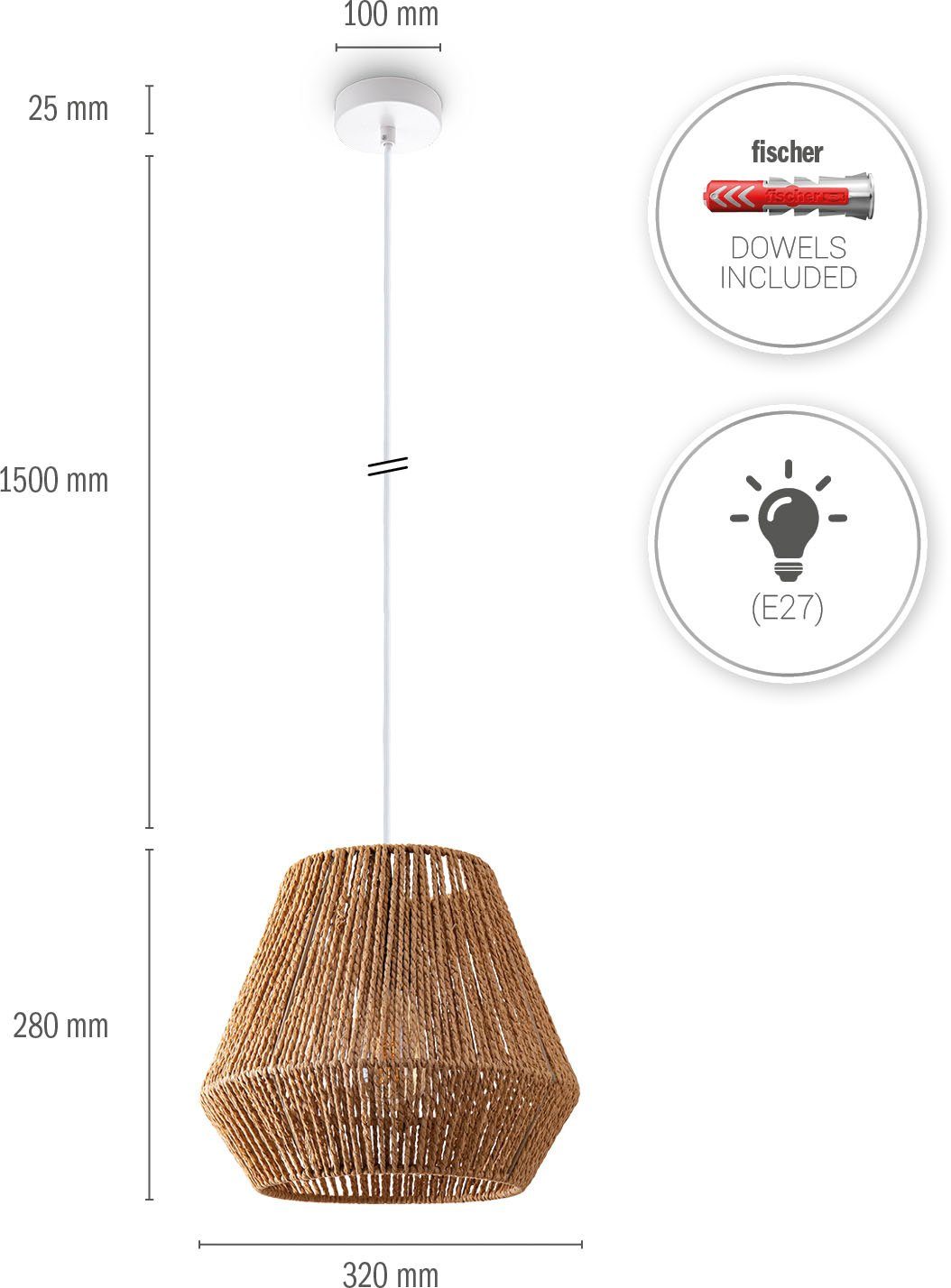 Paco Home Hanglamp Hugo Diego Woonkamer eetkamer rattan look Boho lampenkap papier
