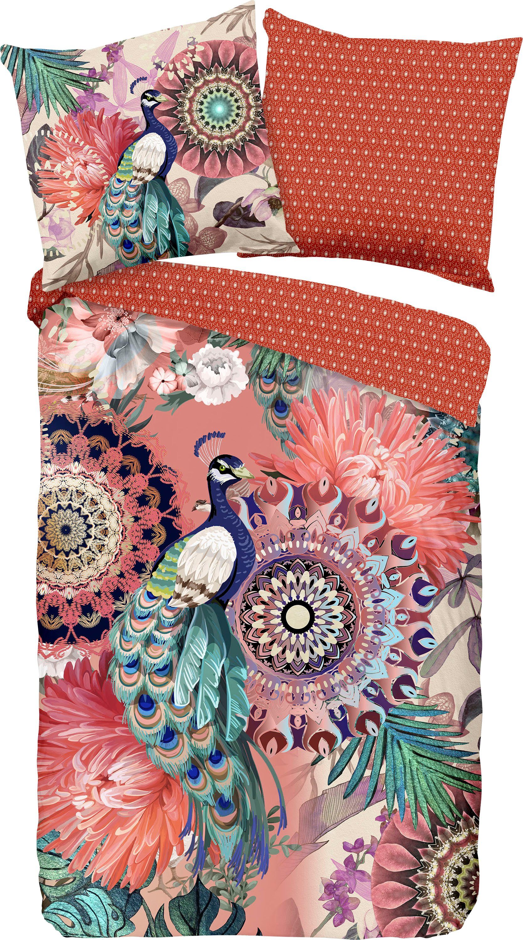 hip Tweezijdig te gebruiken overtrekset Lynouk Mako-satijn, 135x200, Rits, Omkeerbaar, Mandala, Kleurrijk, Oranje