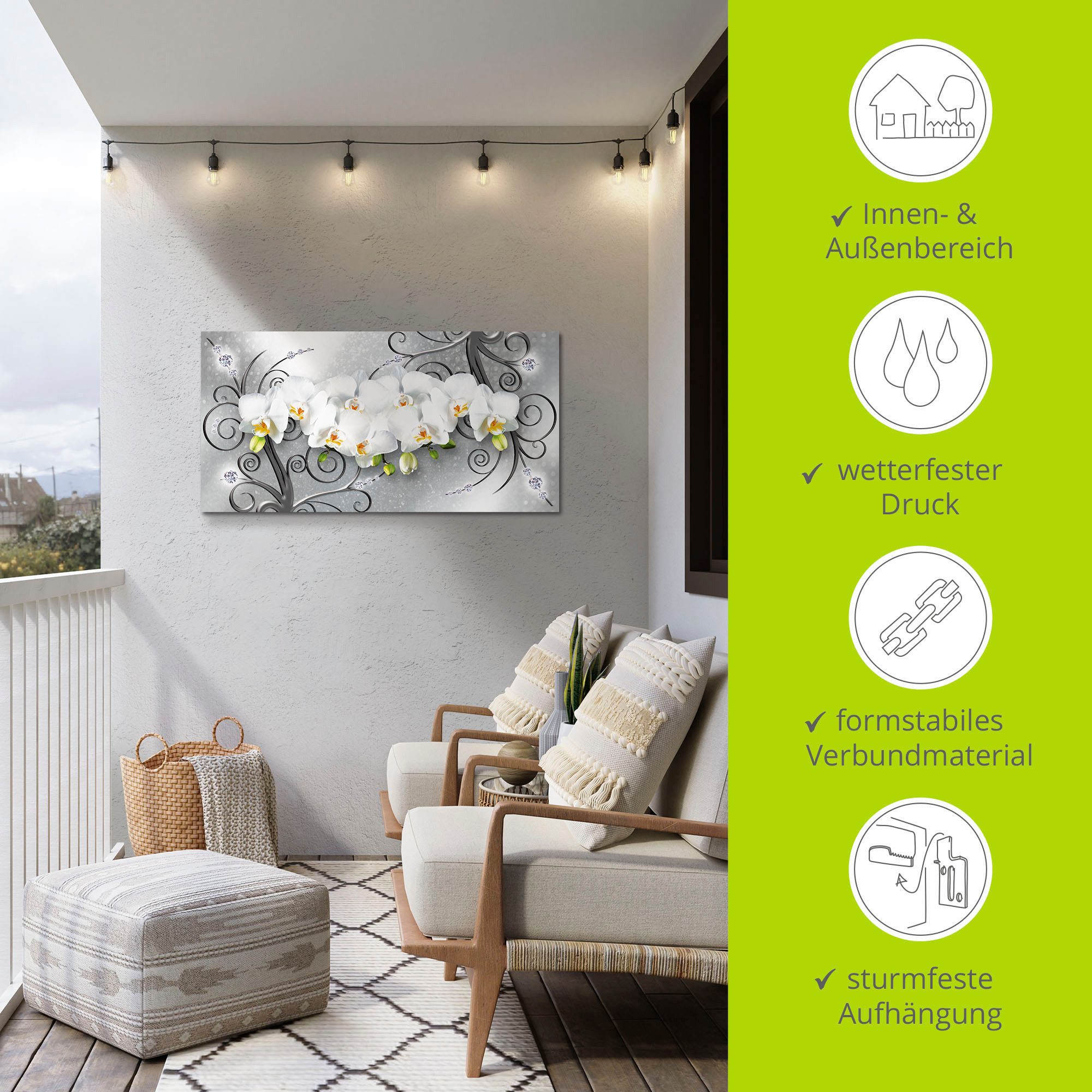 Artland Artprint Witte orchideeën op ornamenten als artprint van aluminium, artprint voor buiten, artprint op linnen, poster, muursticker