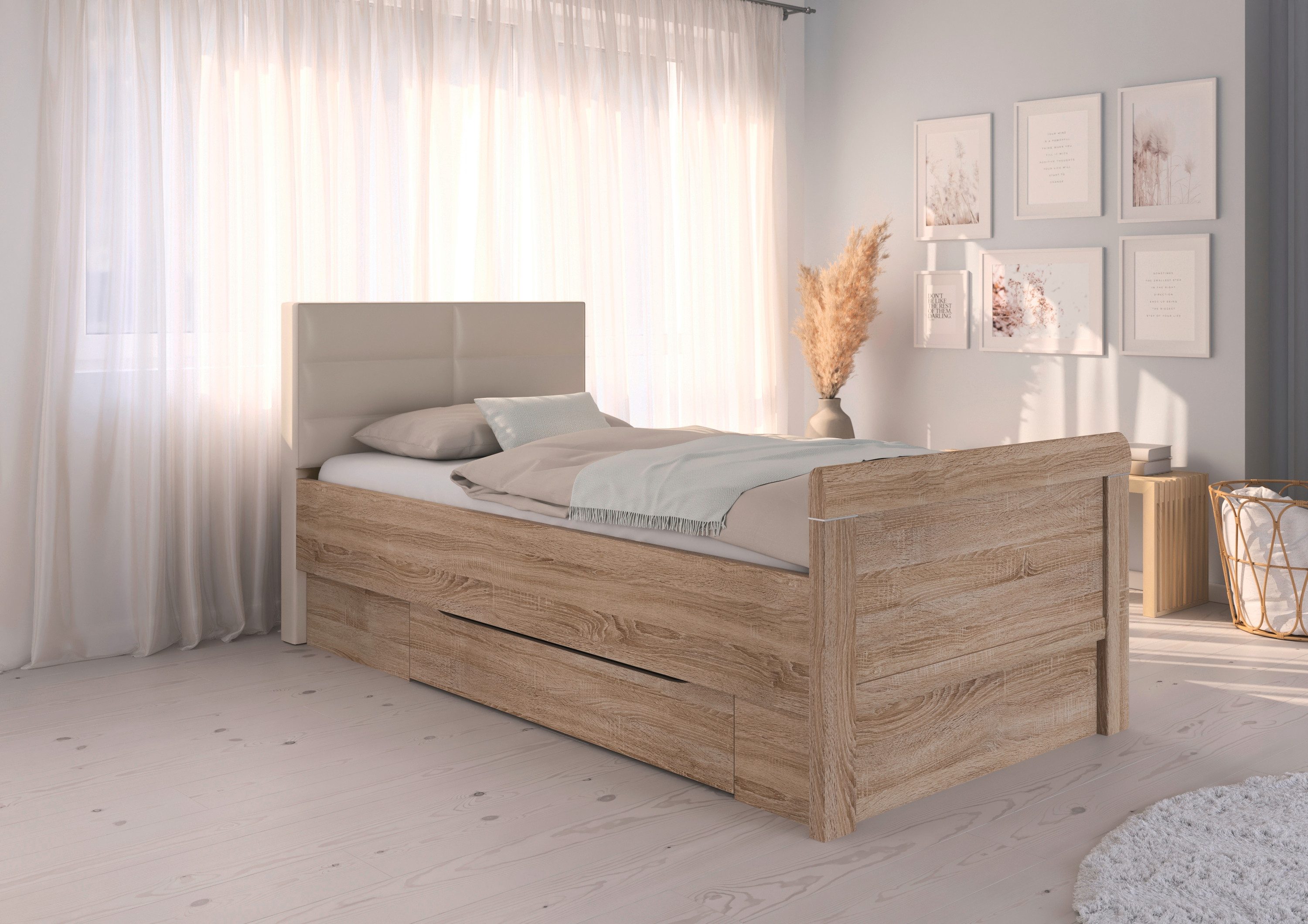 rauch Ledikant met bergruimte Bed Eenpersoons Stollenbed Bedkasten EVELYN in comfortabele hoogte met gestoffeerd hoofdeinde en lades made in germany