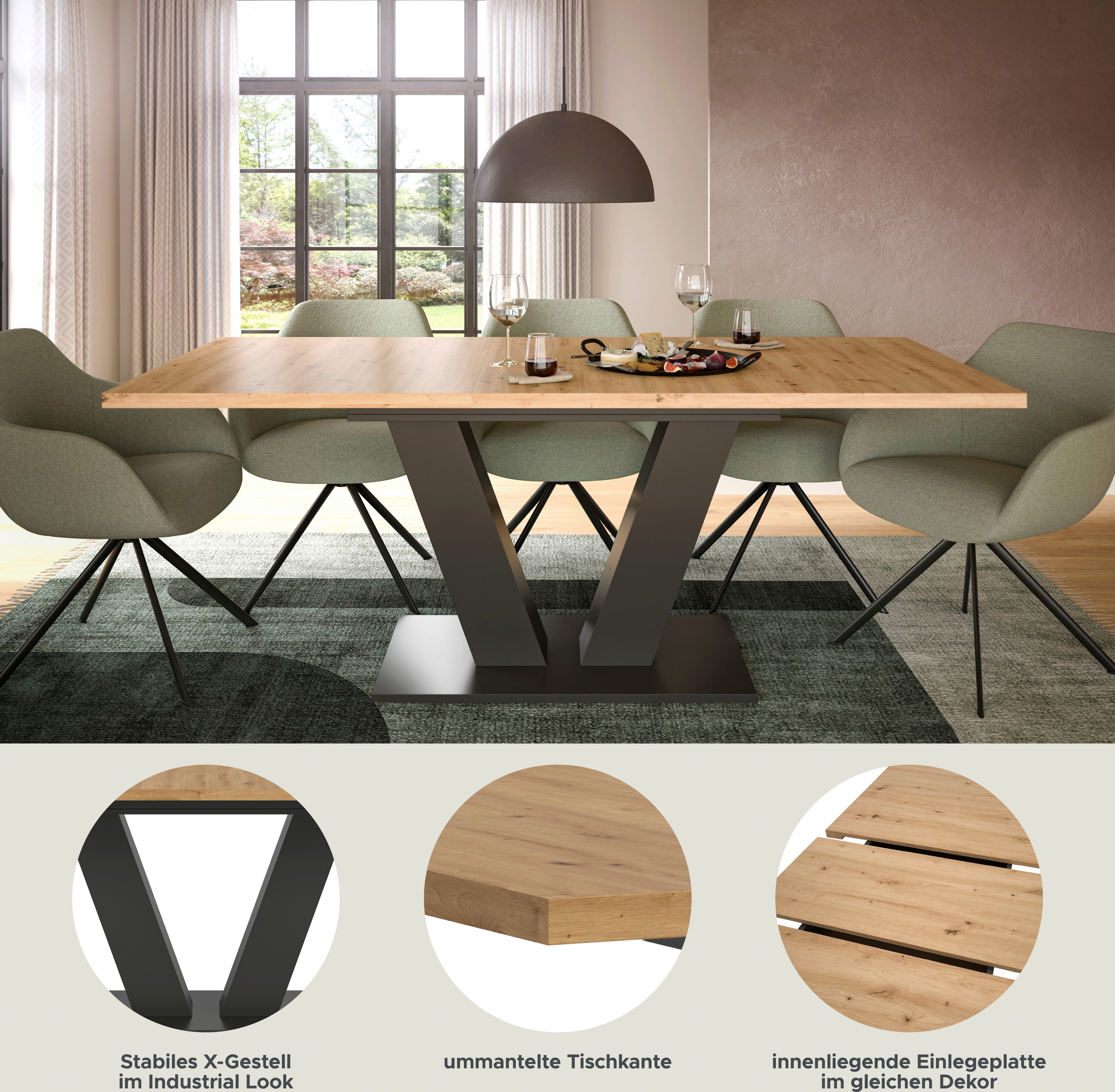 INOSIGN Eettafel Motus, uitschuifbaar 150 - 190 cm, inclusief 40 cm inlegplaat