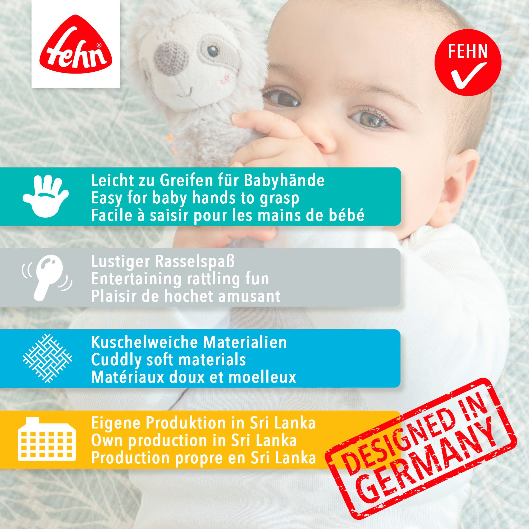 Fehn Grijpspeeltje Lazy, Crazy & Pink, Staafgrijper Luiaard