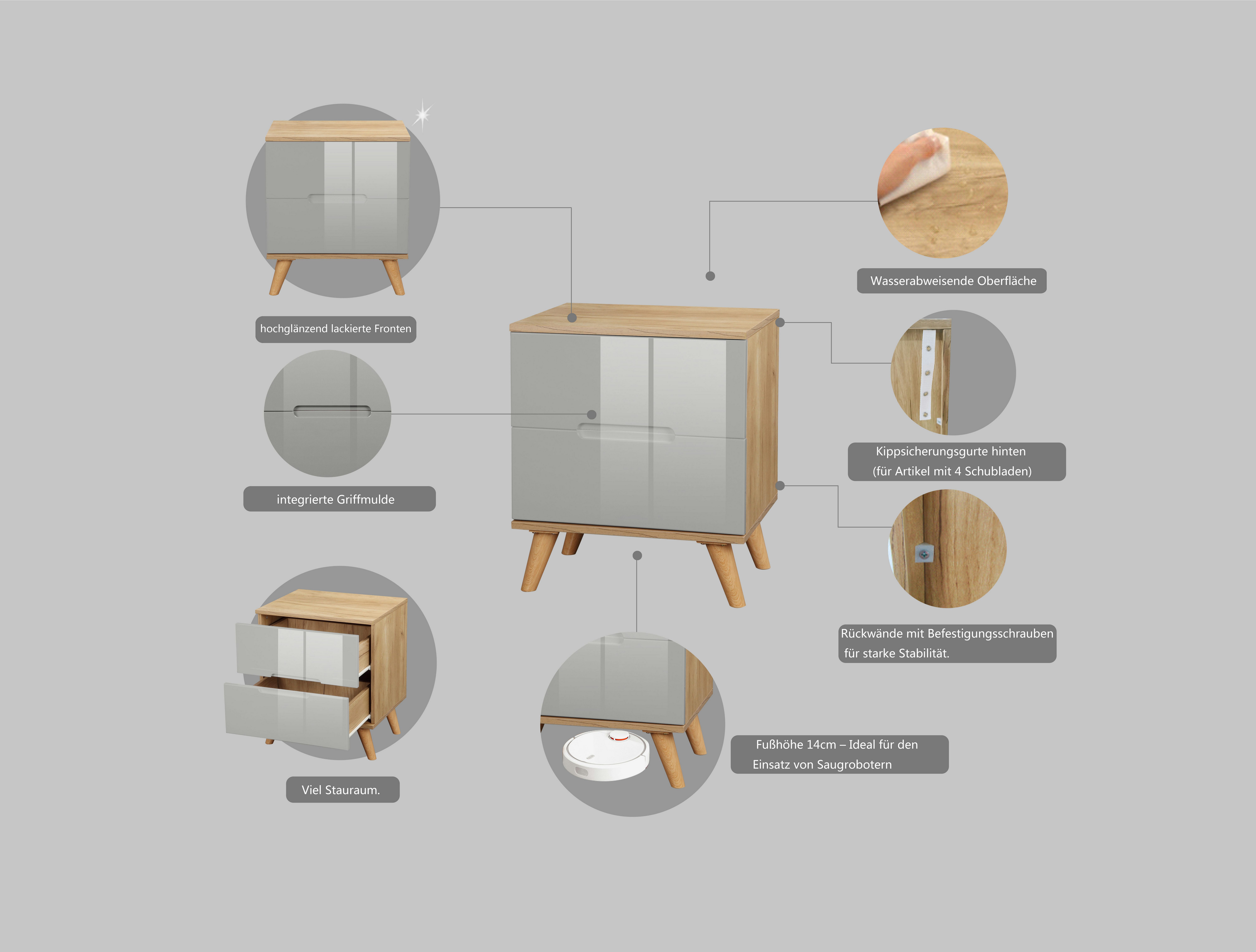 andas Nachtkastje Lund nachttafel bijzetkast commode met hoogglans fronten Nachtkastje met 2 lades bestseller in Scandinavisch design
