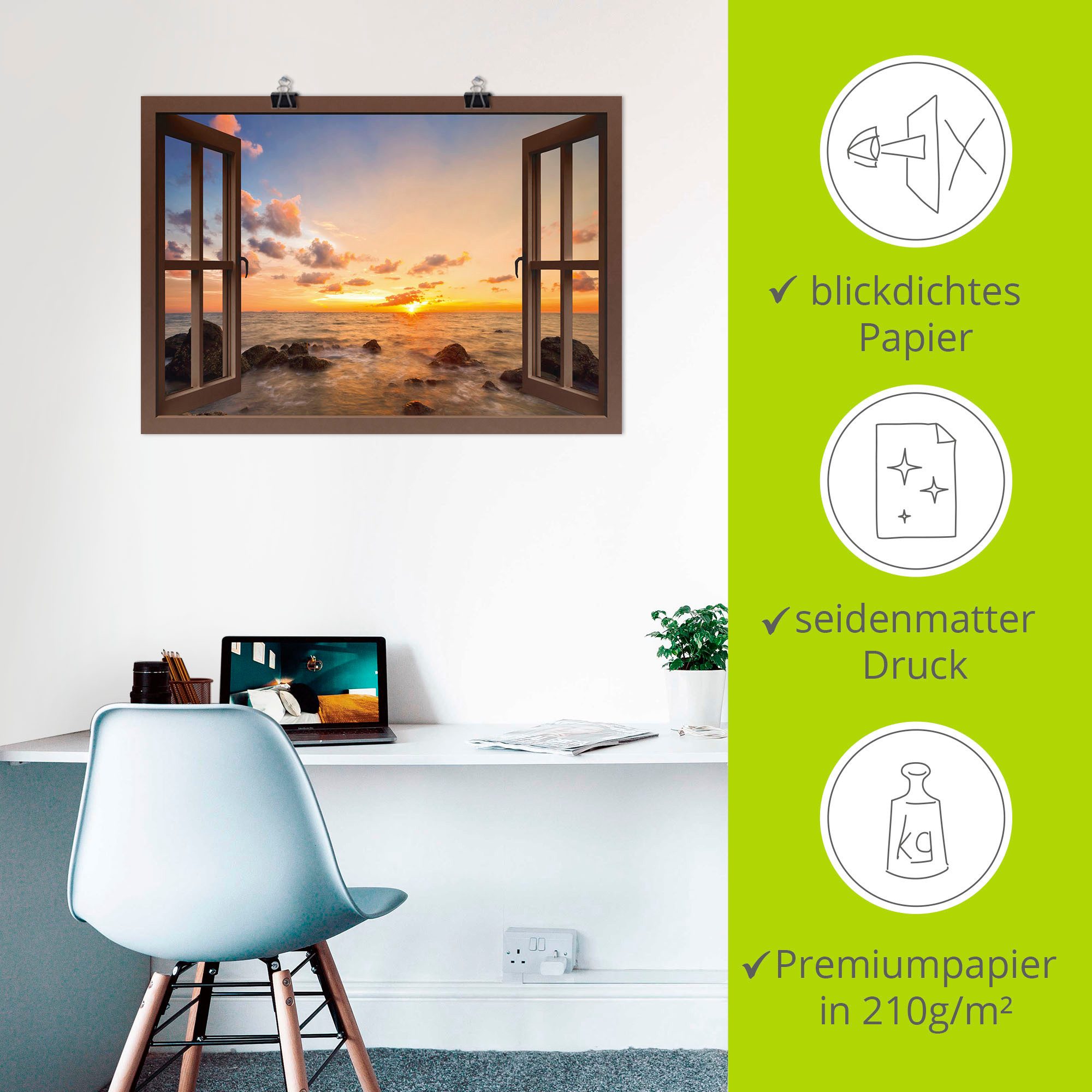 Artland Artprint Blik uit het venster zonsondergang aan zee als artprint van aluminium, artprint voor buiten, artprint op linnen, poster, muursticker