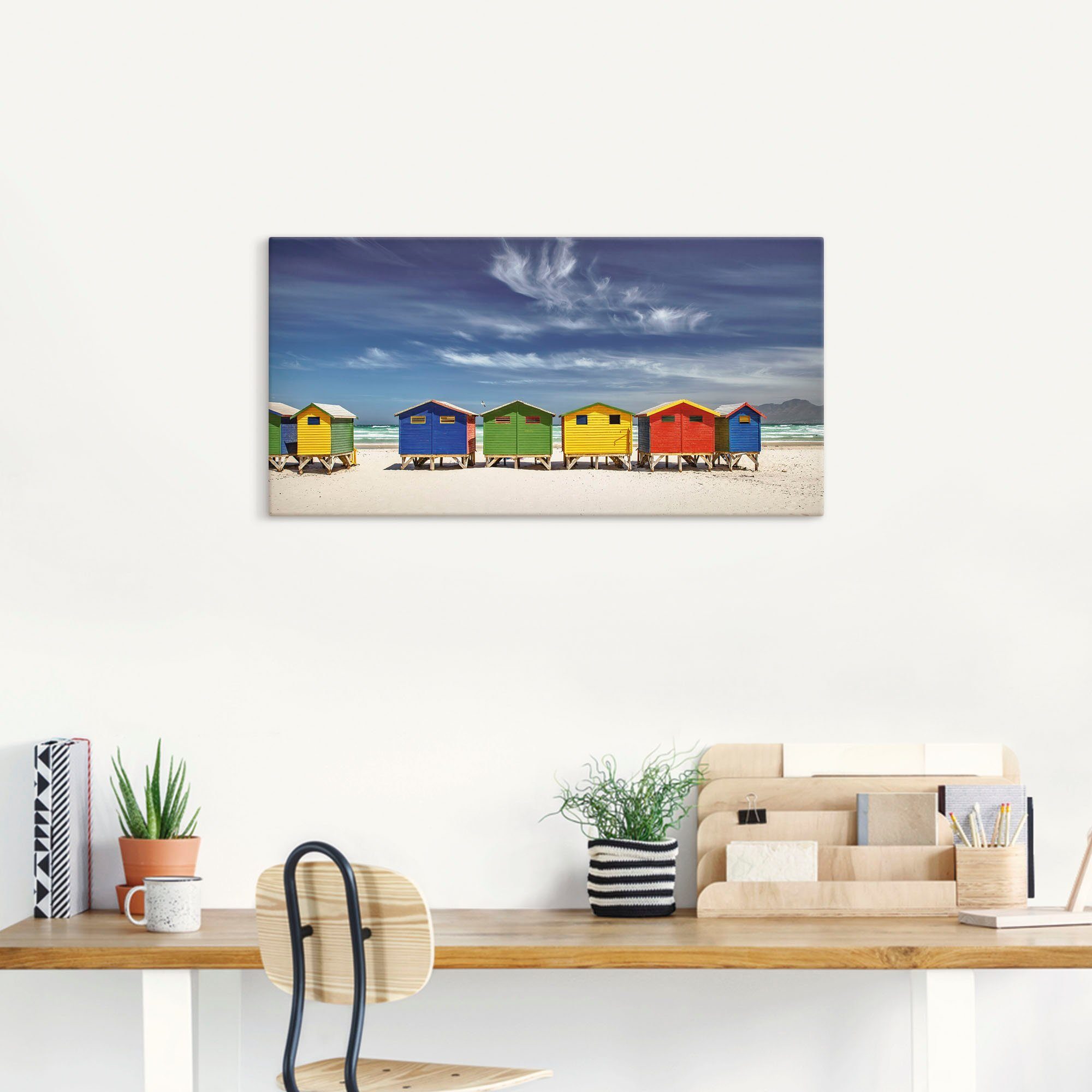 Artland Artprint Veelkleurige strandhuisjes bij Kaapstad als artprint van aluminium, artprint voor buiten, artprint op linnen, poster, muursticker