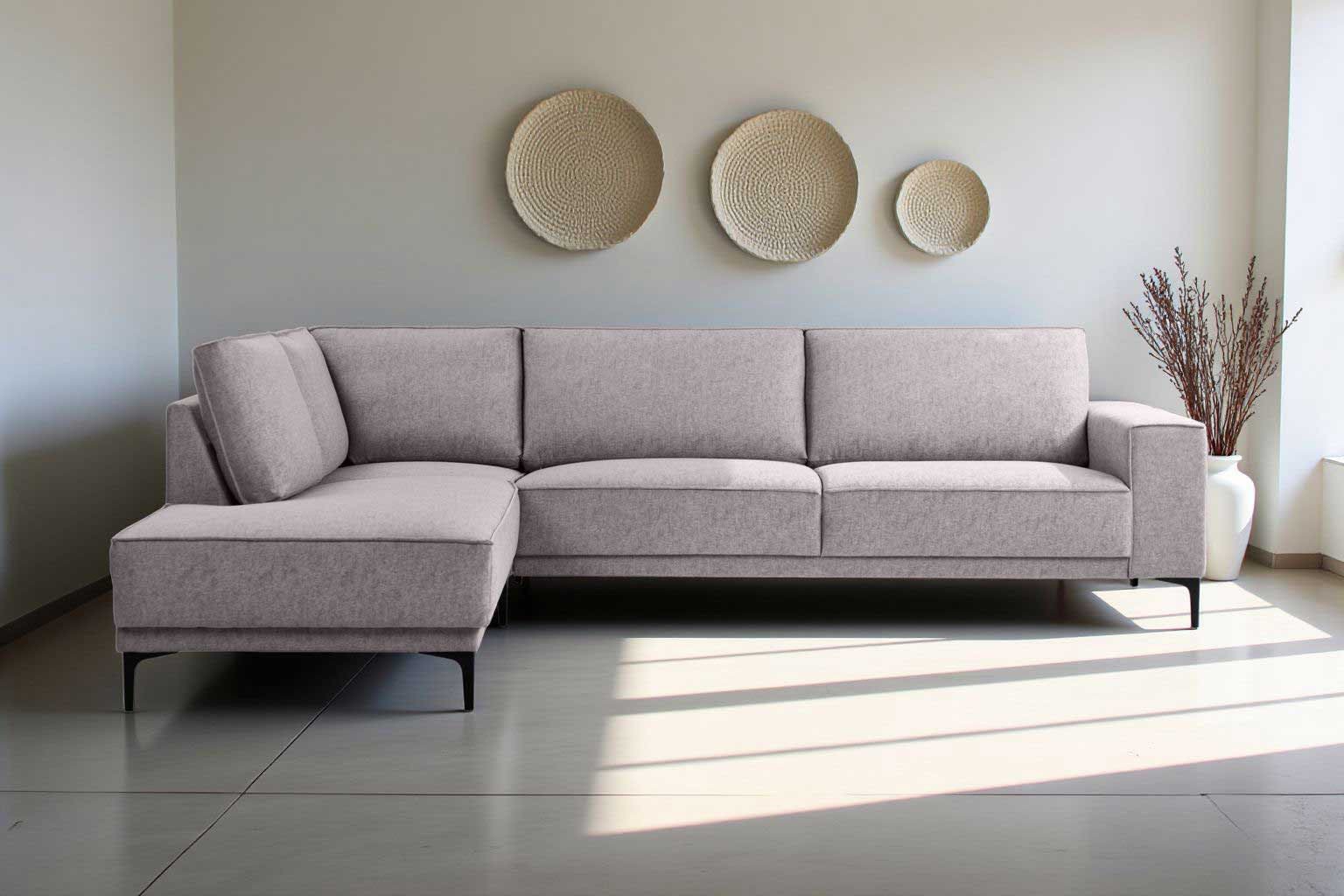 Places of Style Hoekbank Oland, structuur, platweefsel, luxe microvezel, bouclé L-vorm, 289 cm, golfondersteuning, Scandinavisch ontwerp, metalen poten