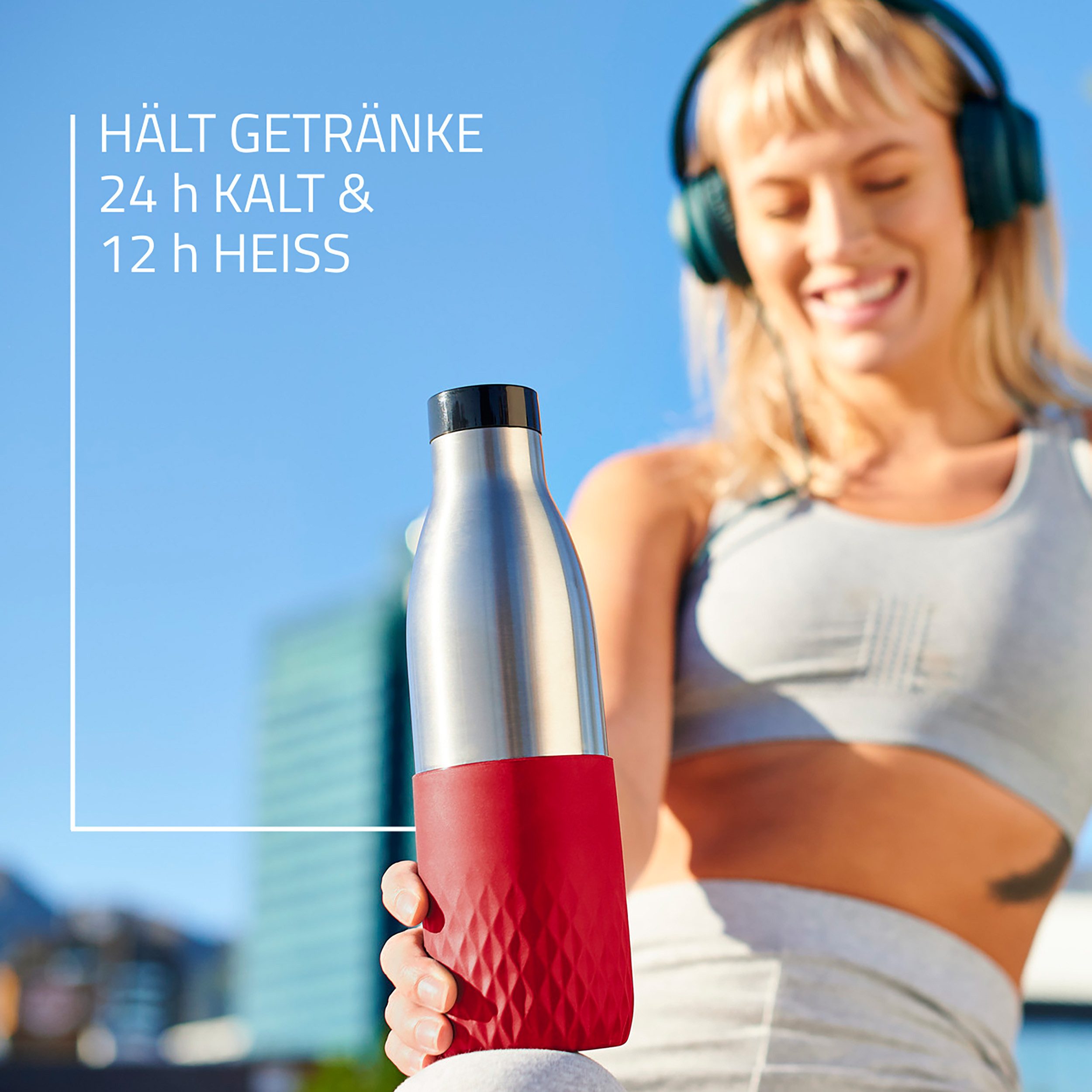 Emsa Thermosfles Bludrop Sleeve 0,7 liter, siliconen manchet, 360° drinkopening, 24 uur koud, 12 uur warm (1-delig)