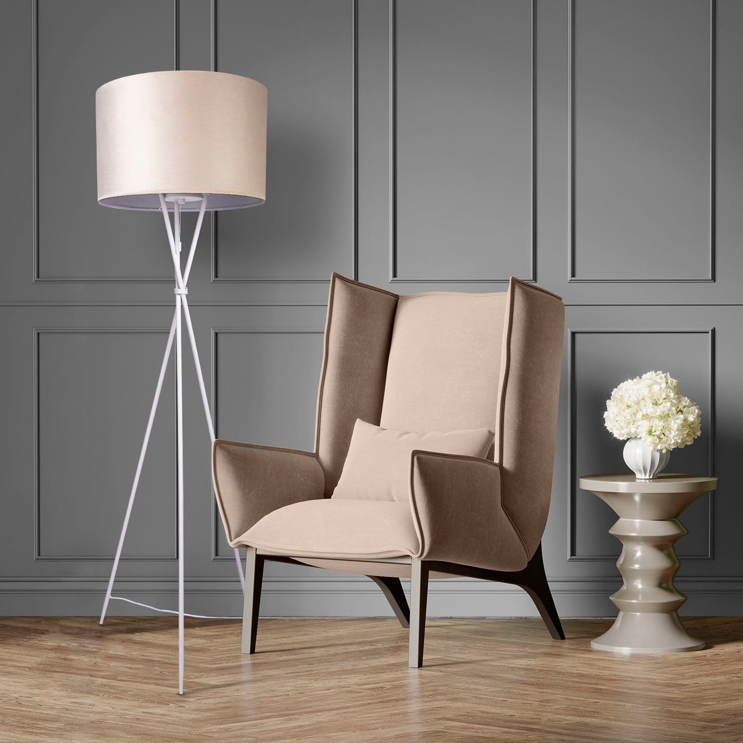 Paco Home Staande lamp Kate uni kleur Woonkamer driepoot vloerlamp velours hoogte 177,5cm filigraan E27