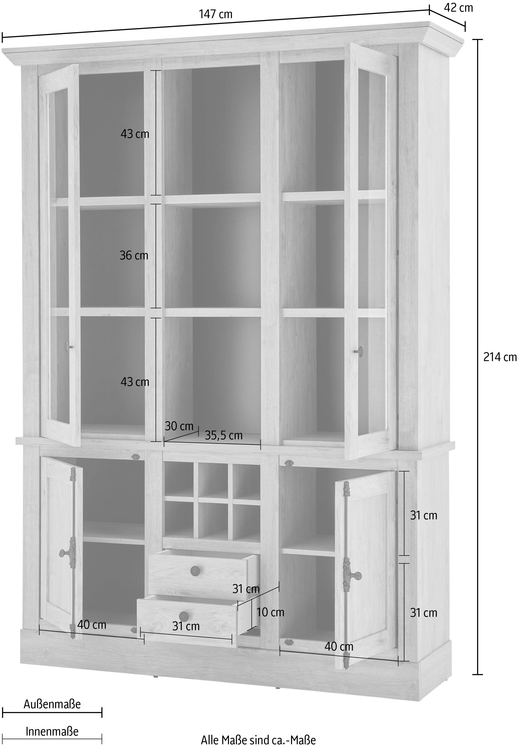 Home affaire Vitrinekast Cornwall, hoge kast in landelijke stijl, glasvitrine, eiken decor Metalen handgrepen, 147 cm breed, veel opbergruimte, in twee maten beschikbaar (1 stuk)
