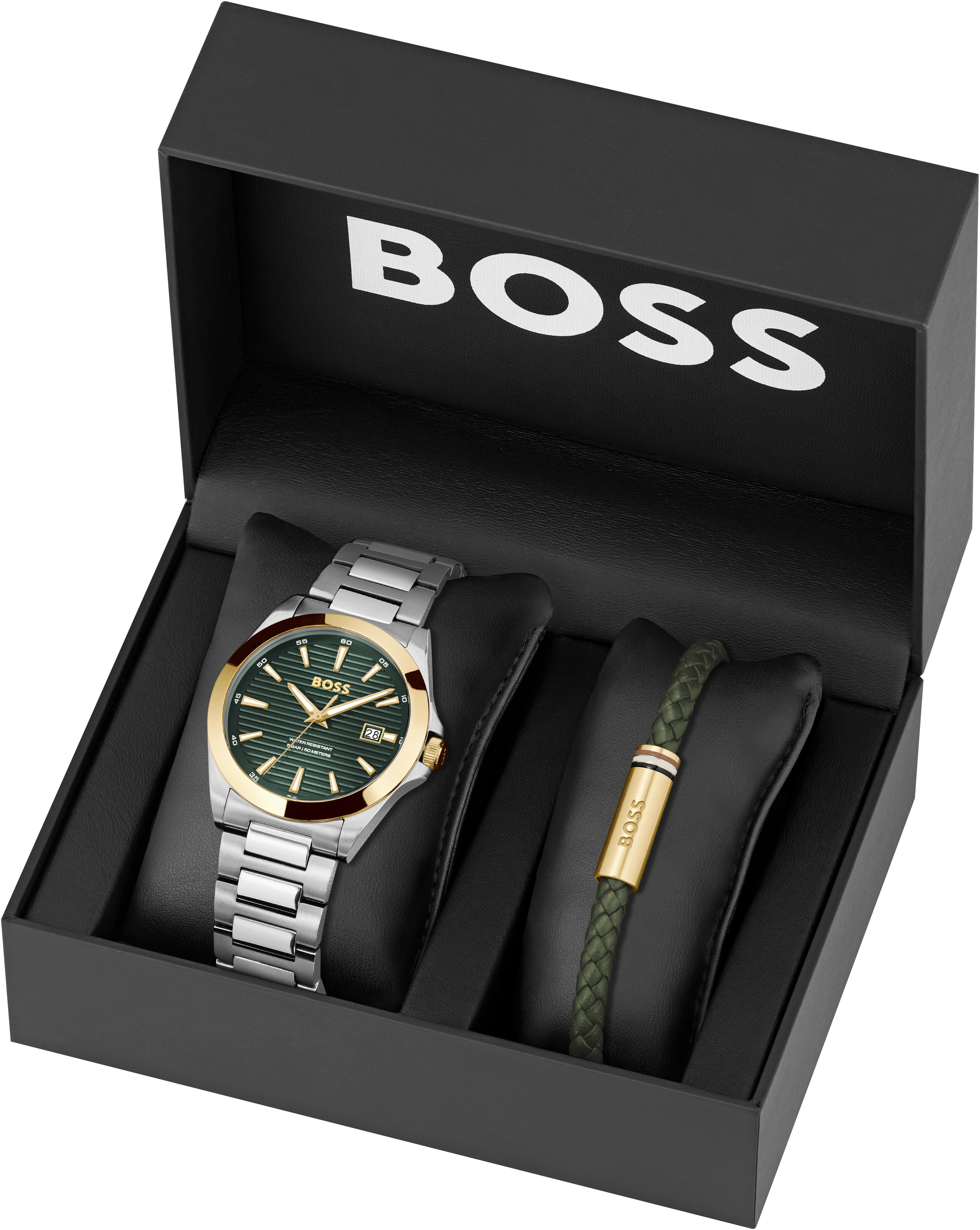 Boss Kwartshorloge Strike Horloge, herenhorloge, stalen band, ideaal ook als cadeau (set, 2-delig, Met leren band)