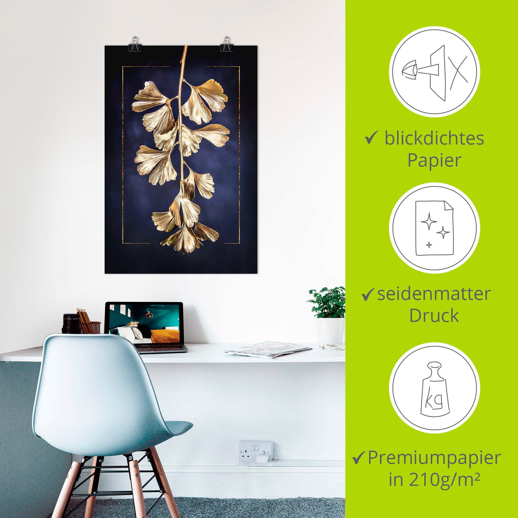 Artland Artprint Goudkleurige gingko als artprint op linnen, poster in verschillende formaten maten