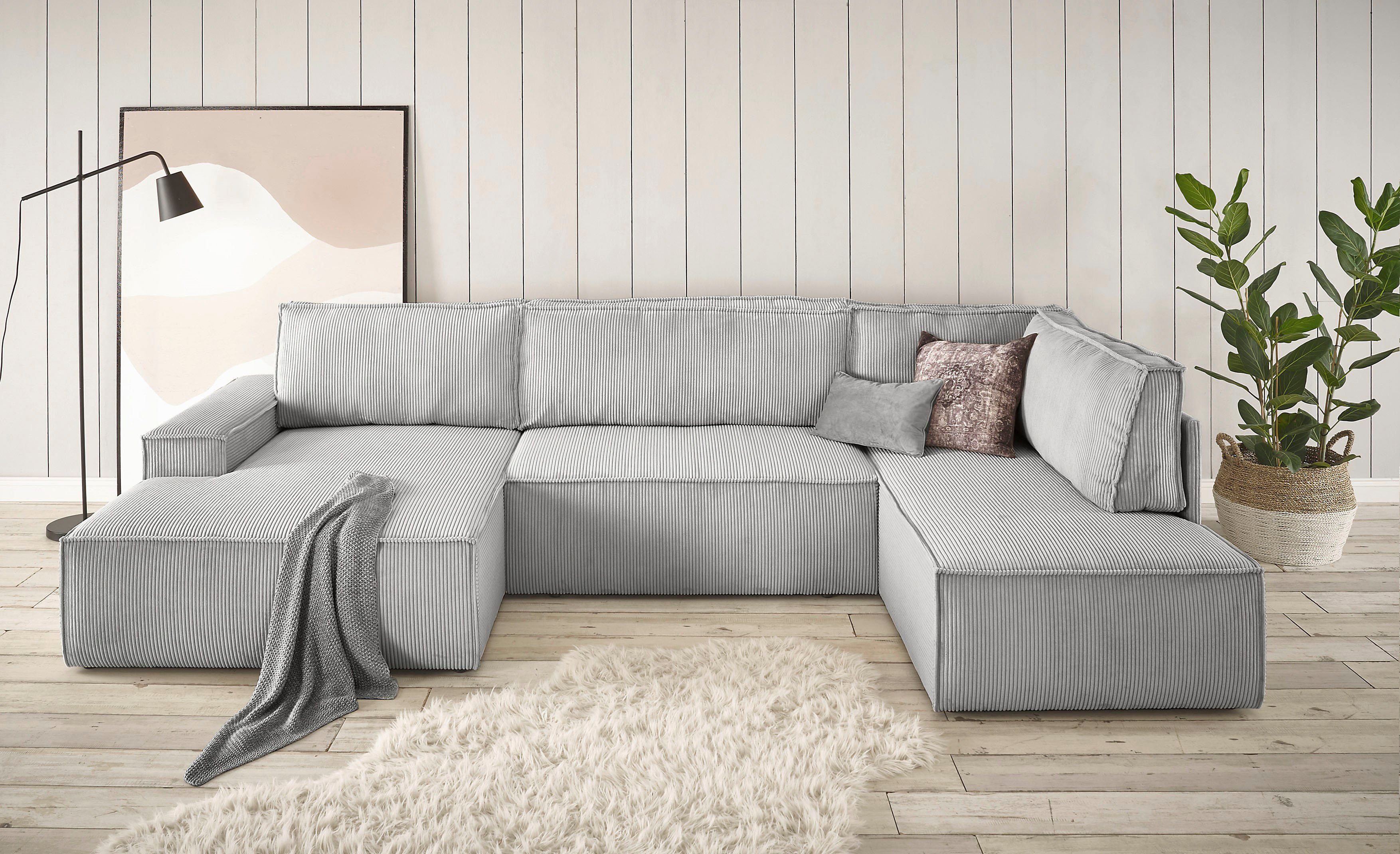 Home affaire Zithoek SHERWOOD 329 cm, U-vorm, slaapbank, Slaapfunctie met bedkist (194x139 cm), cord, vintage, fluweel
