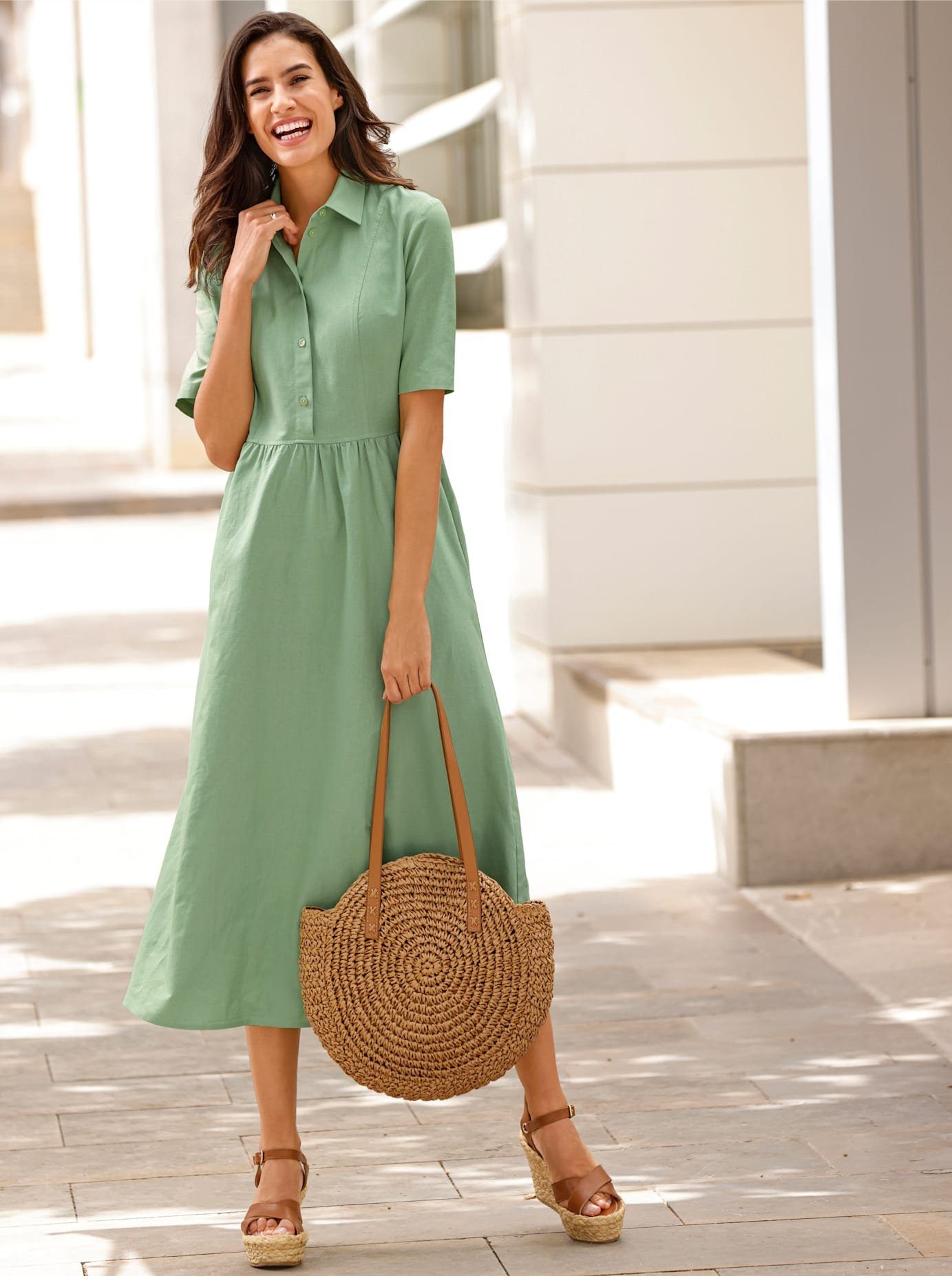Classic Inspirationen Jurk met overhemdkraag Jurk dames blousejurken maat 40 groen