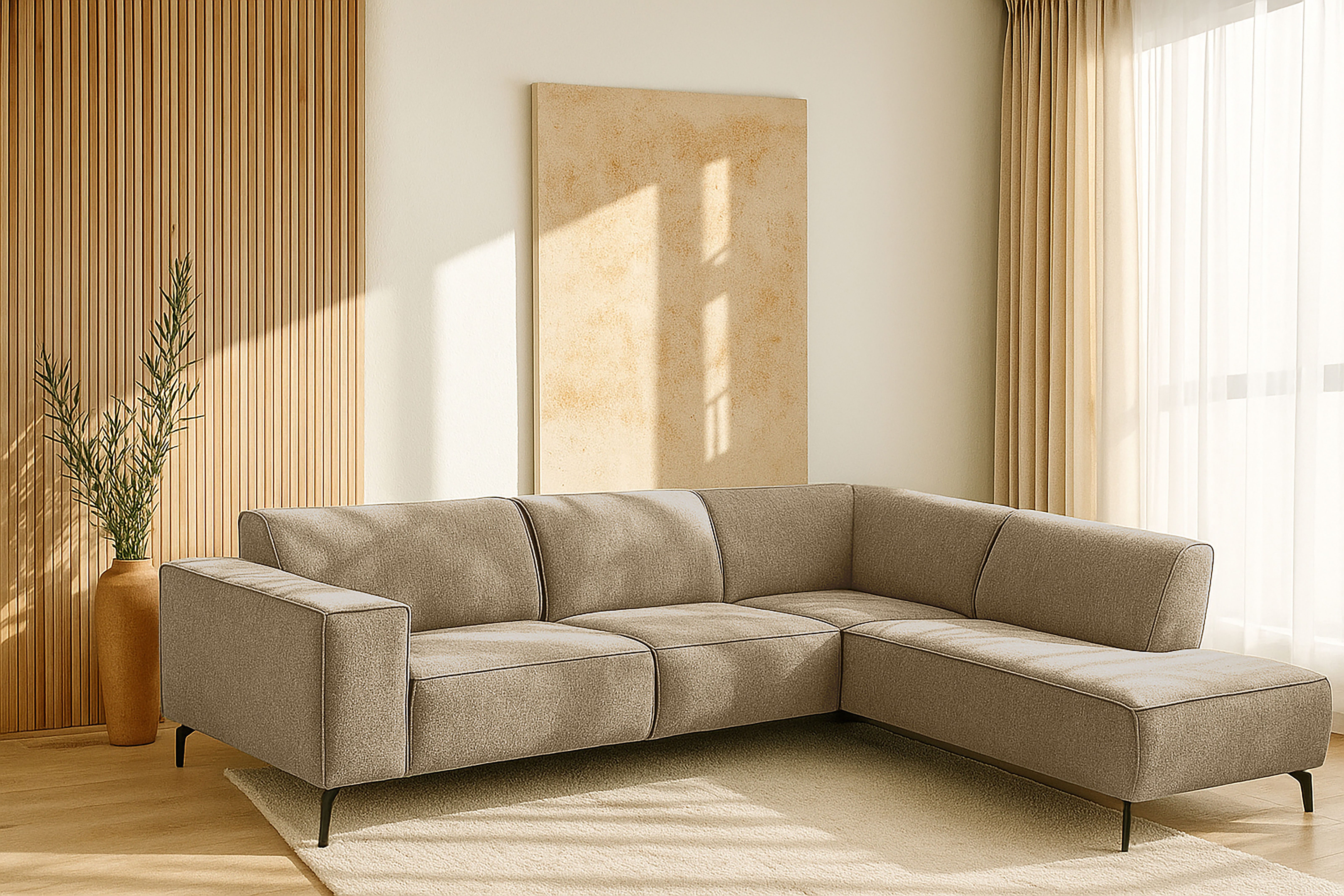 Places of Style Hoekbank Lorcan, breedte 275 cm, zacht zitgevoel met zwarte metalen poten, lederlook en zachte structuurstof