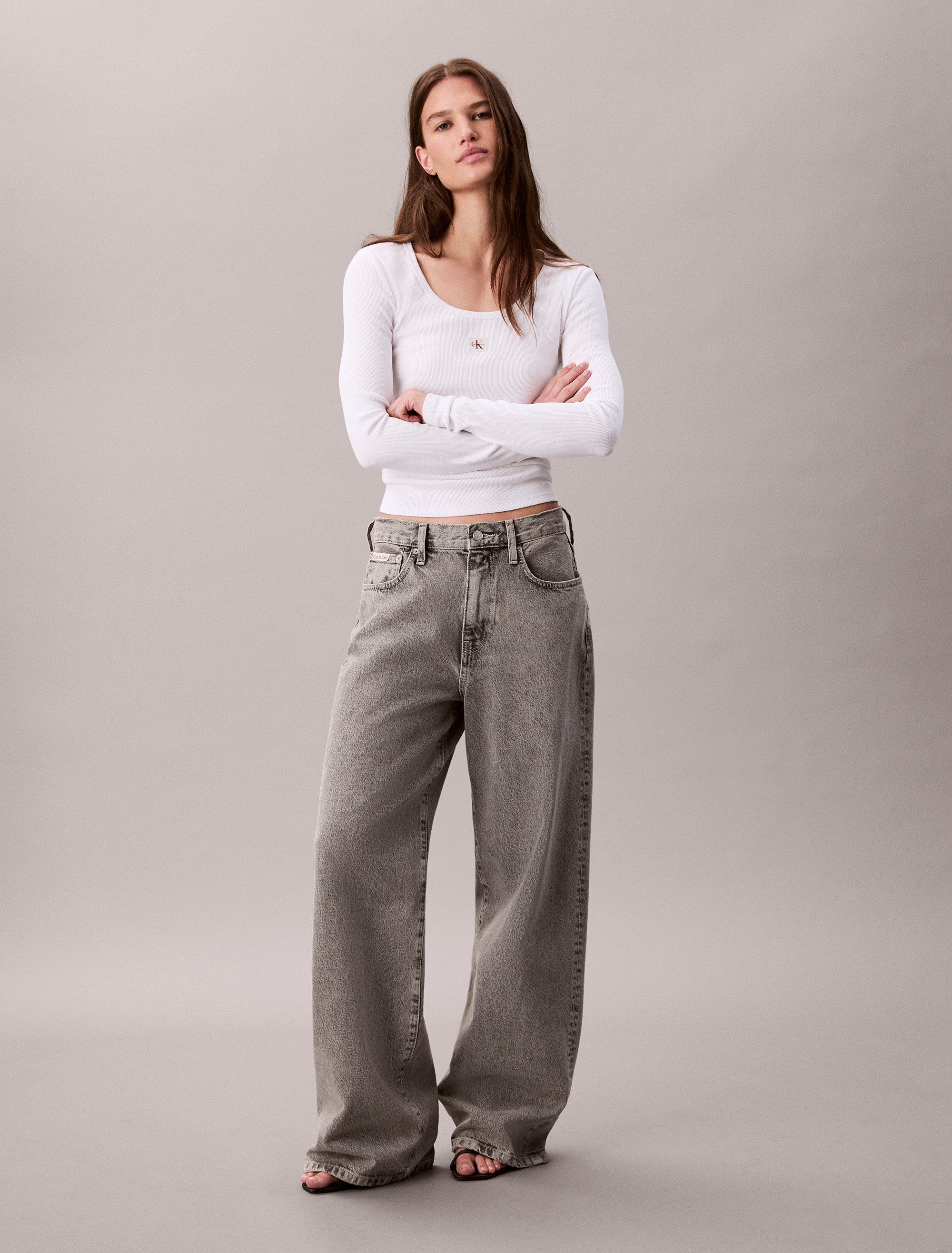 Calvin Klein Shirt met lange mouwen LS WOVEN LABEL 2X2 RIB SCOOP NEC