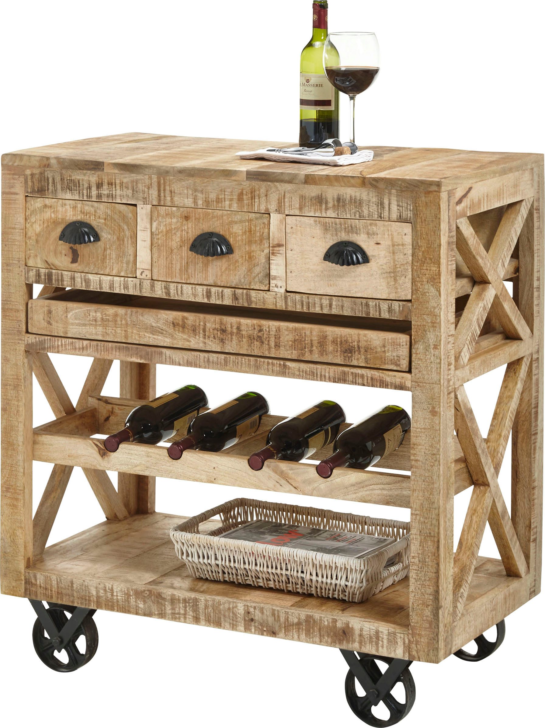 OTTO Stolkom Bartafel FERDI Massief hout, barwagen op wielen inclusief dienblad rechthoekige tafels bruin
