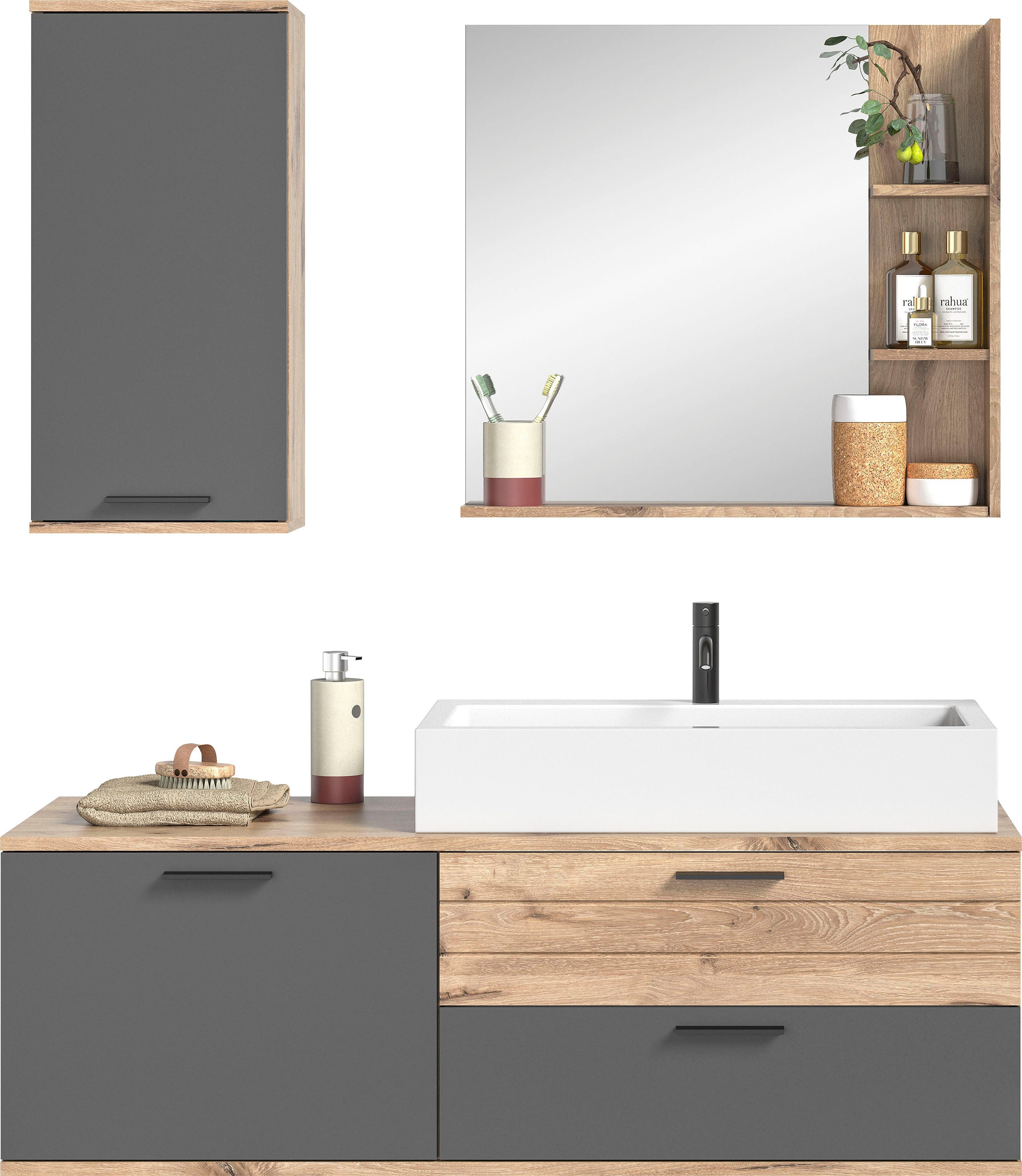 INOSIGN Badkamerserie Riga, 3-delig, inclusief keramisch opzetwasbak, bestaande uit: (set, 3-delig) badmeubelsets bruin