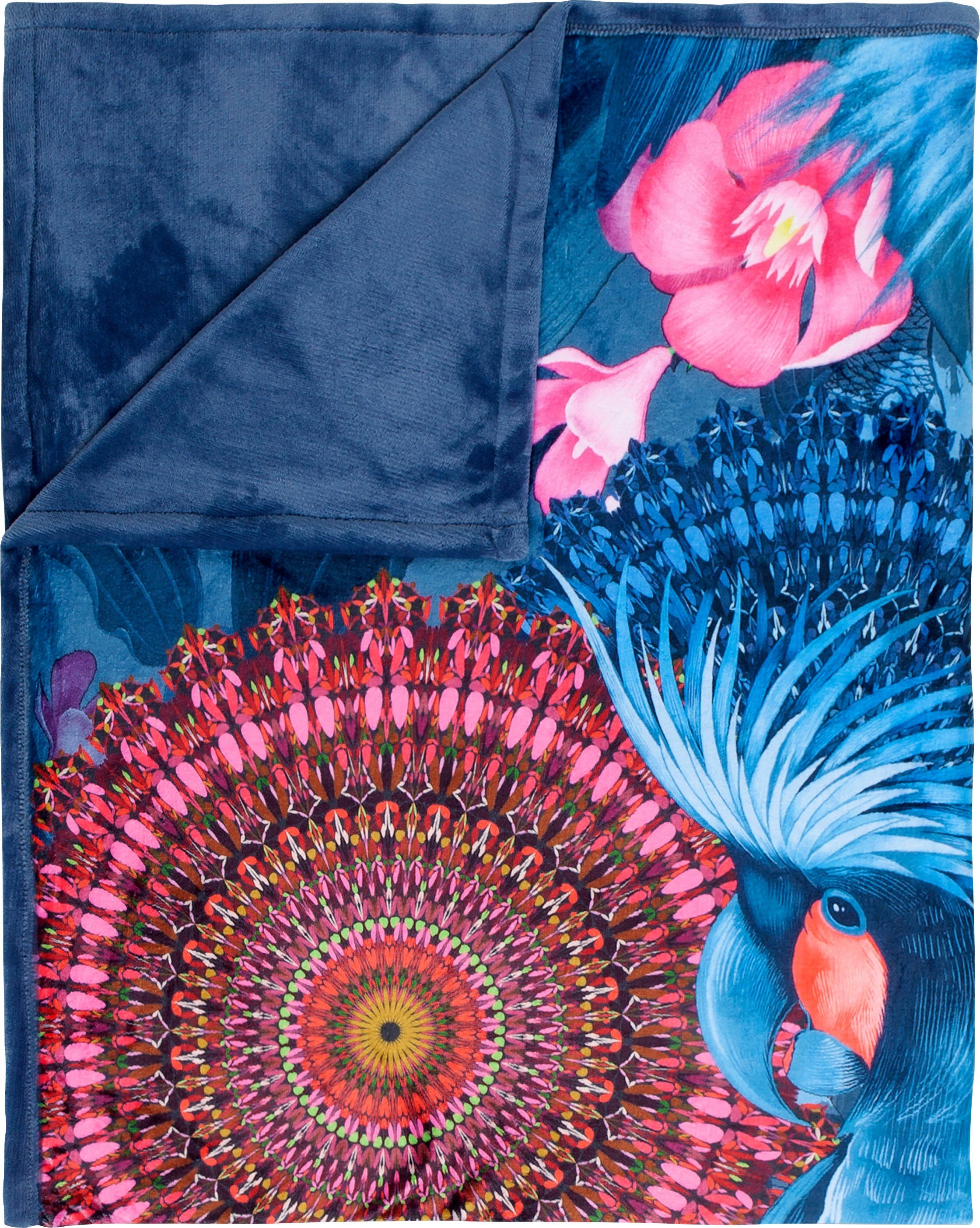 hip Plaid Ofelia Zacht, knuffeldeken, 130x160 cm, omkeerbaar, mandala, papegaai, blauw