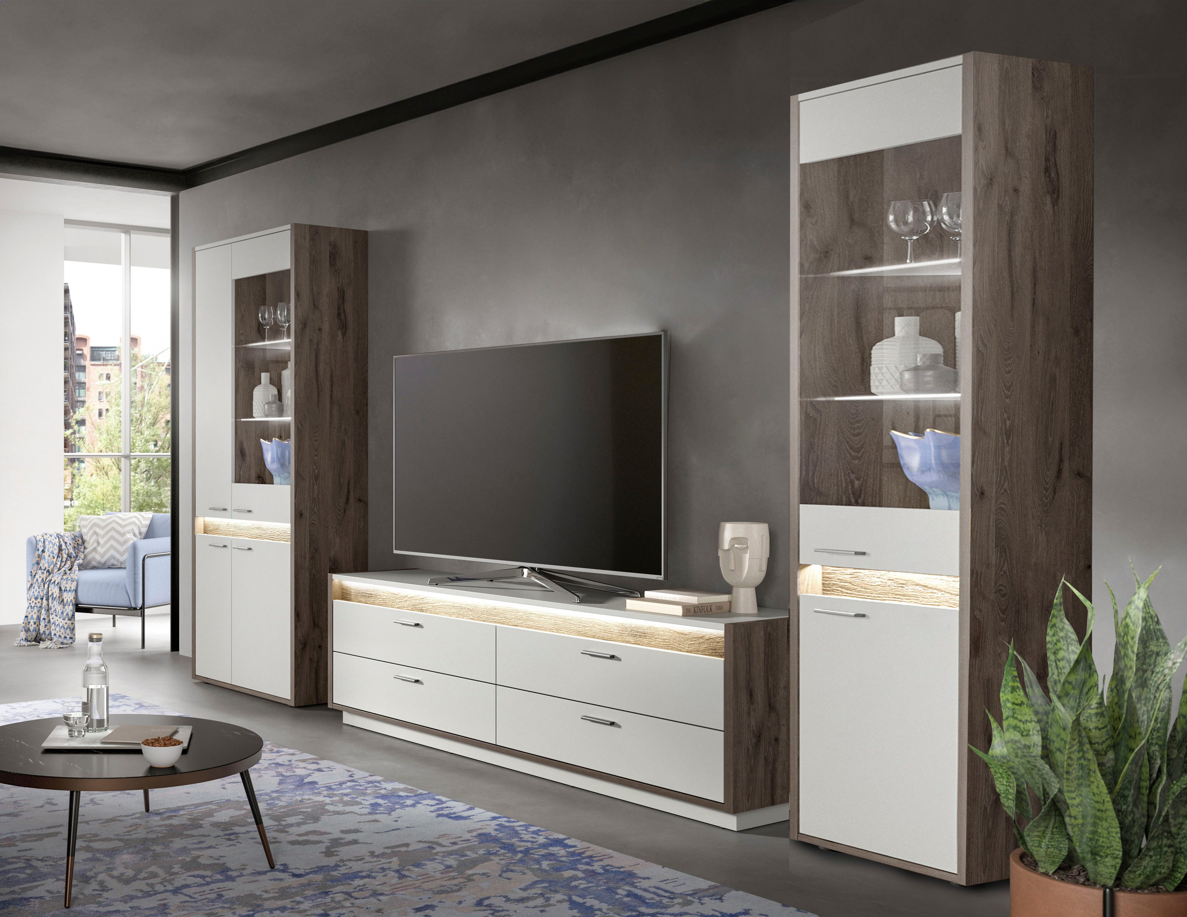 INOSIGN Wandmeubel Treviso, Breedte 350 cm, bestaand uit: 2x Vitrine en 1x Lowboard (3-delig)